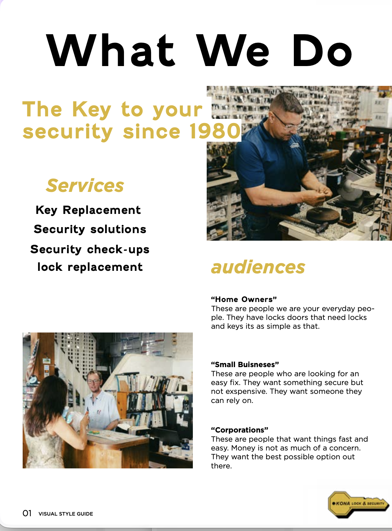 A visual style guide page titled 'What We Do' with a subtitle 'The Key to your security since 1980.' The page lists services: Key replacement, Security solutions, Security check-ups, lock replacement. It includes images of a man working in a hardware store and a woman consulting a man at a counter, with sections describing audiences such as Home Owners, Small Businesses, and Corporations, and a logo at the bottom right for Kona Lock & Security.