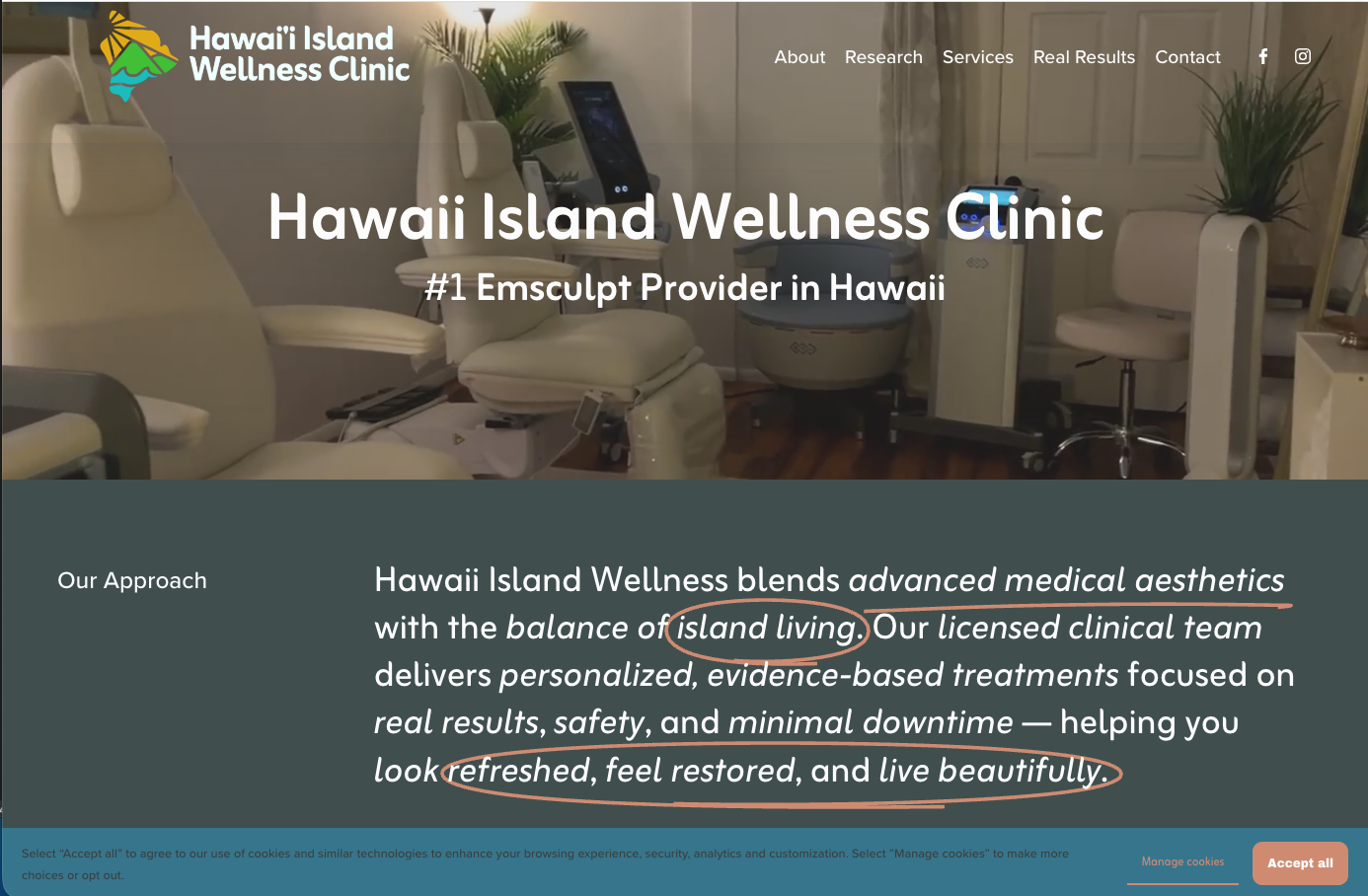 Screenshot of the Hawaii Island Wellness Clinic website homepage. Features a background image of a medical treatment room with a chair, a monitor, and medical equipment. Text overlay includes the clinic name, tagline, and a paragraph describing their approach with highlighted phrases about island living and feeling restored.
