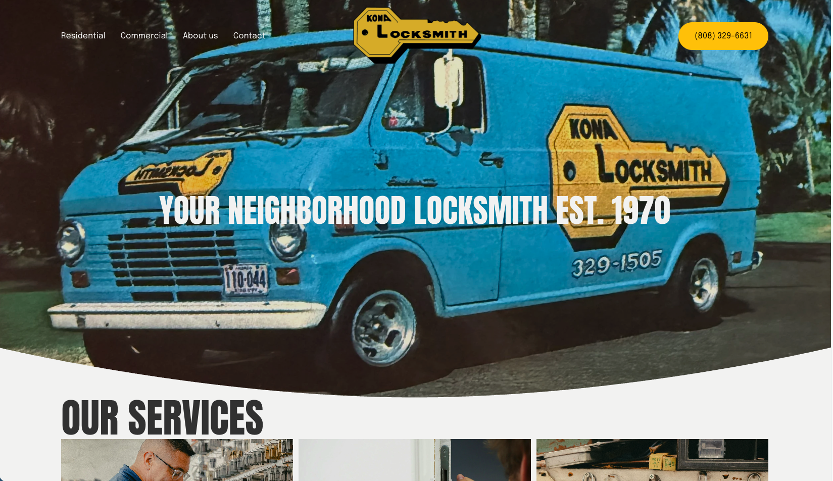 A blue locksmith van with logo and contact information, parked outdoors with trees in the background.