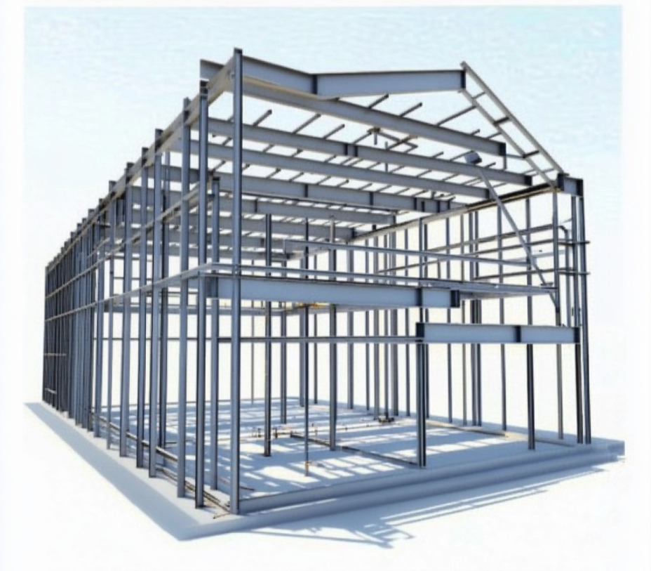 Steel framework of a building under construction with multiple floors and a pitched roof.