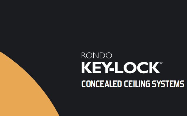 Advertisement for Rondo Key-Lock concealed ceiling systems featuring a black background with a beige curved shape in the corner.