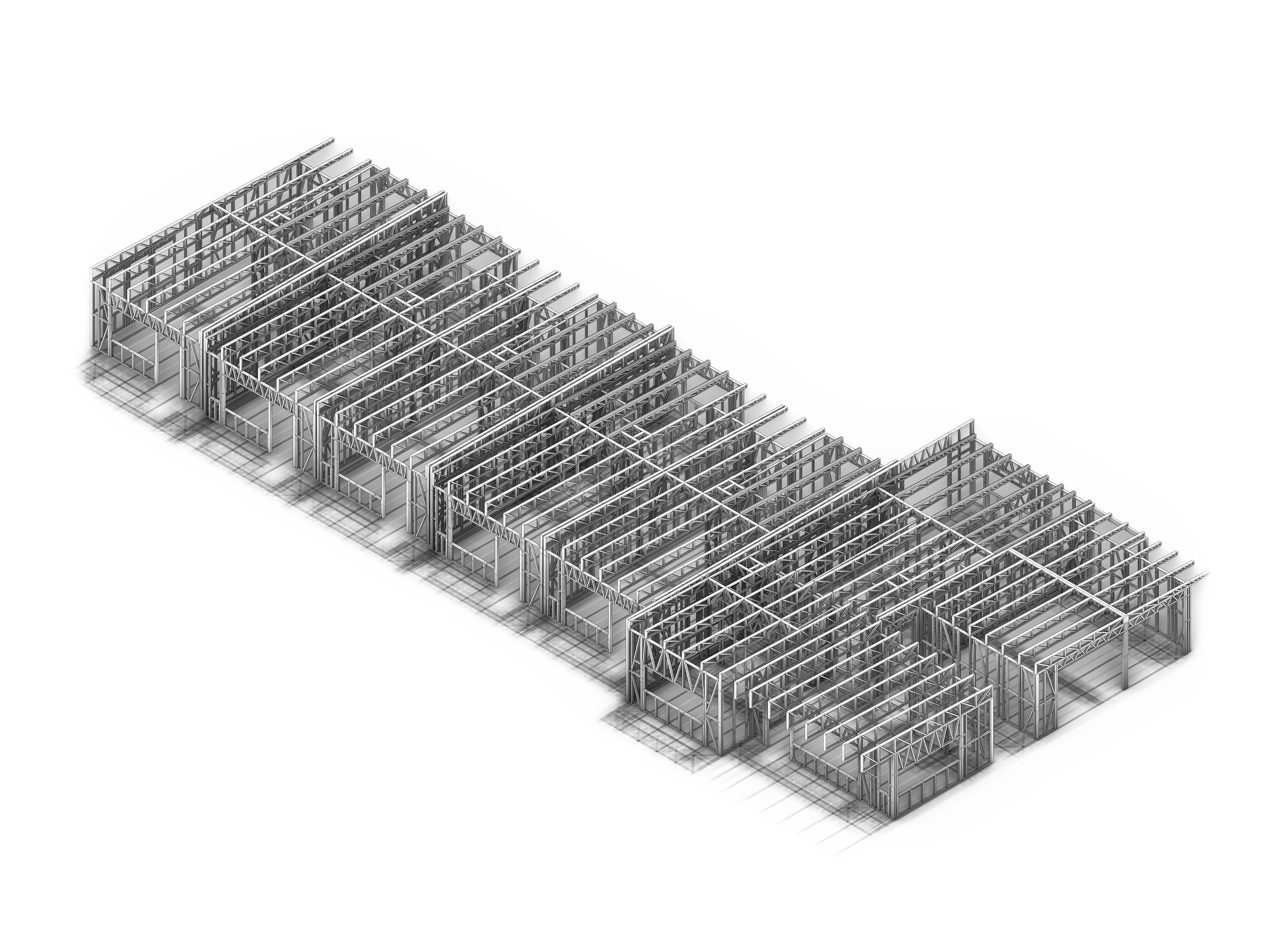 3D rendering of a large steel framework structure for a building or warehouse.