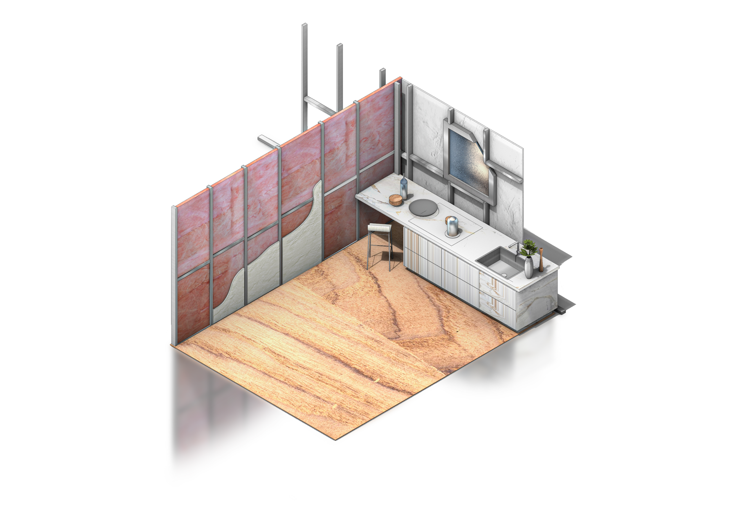 Interior of a small kitchen with white cabinetry, a sink, a countertop with a bottle, a plant, and a small window, set against a wall with different textured panels, and a floor with a wood pattern.