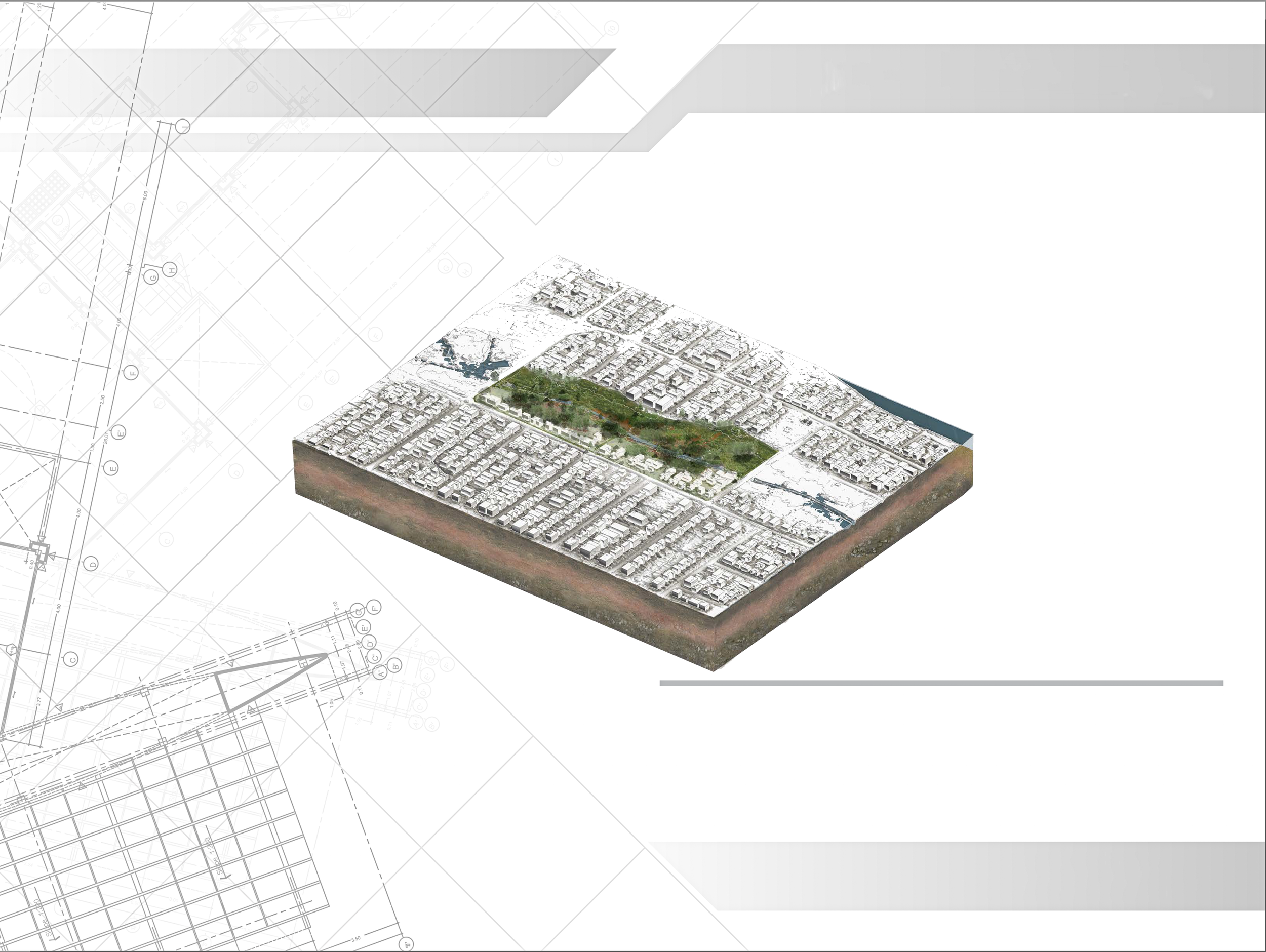 3D architectural model of an urban park with surrounding city streets, water features, and green spaces, set on a white background with architectural drawings.