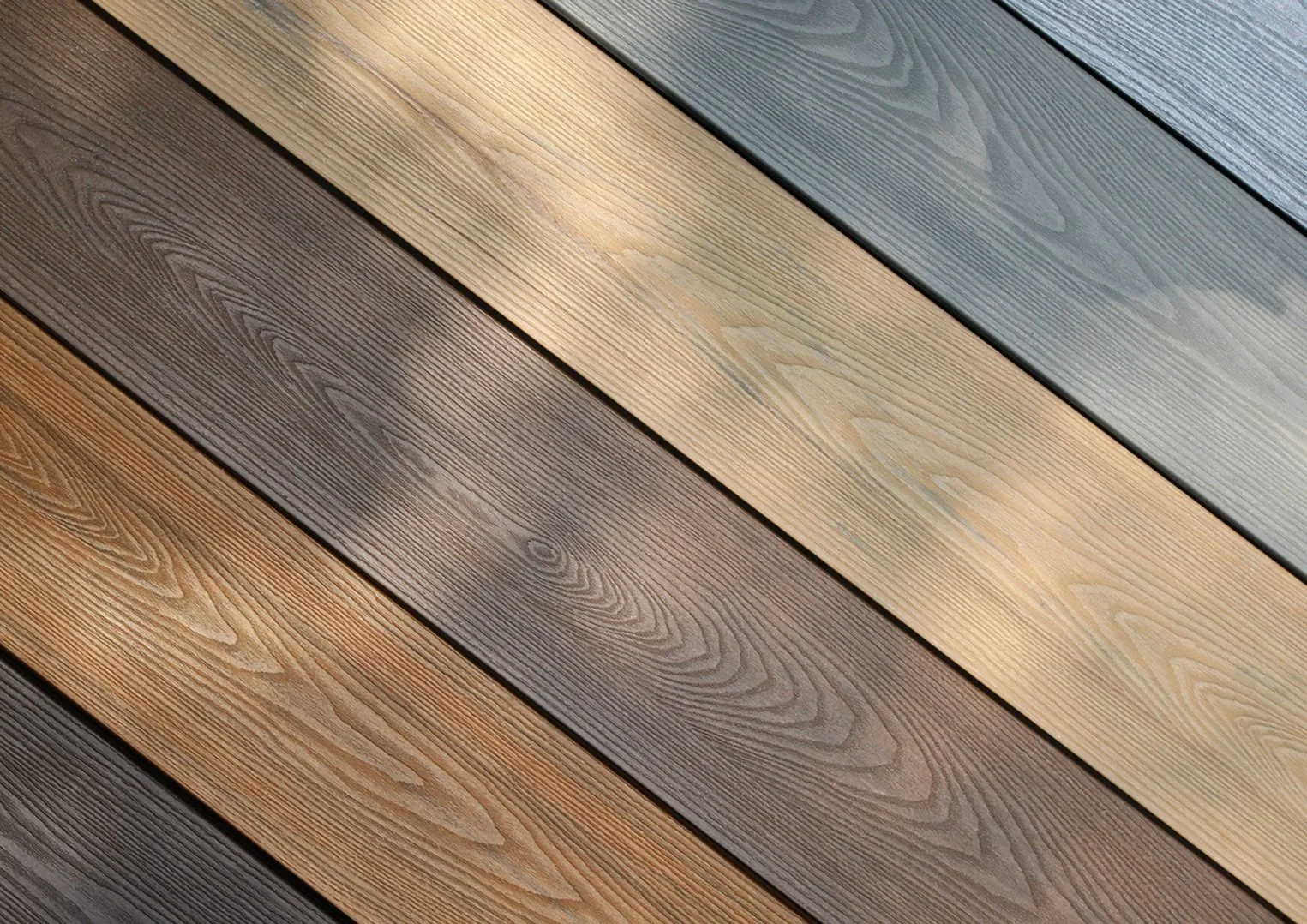 A brochure displaying various types of wooden decking products, highlighting features like water resistance, anti-slip surface, barefoot friendly design, and eco-friendliness, with images of wooden planks and icons illustrating product benefits.