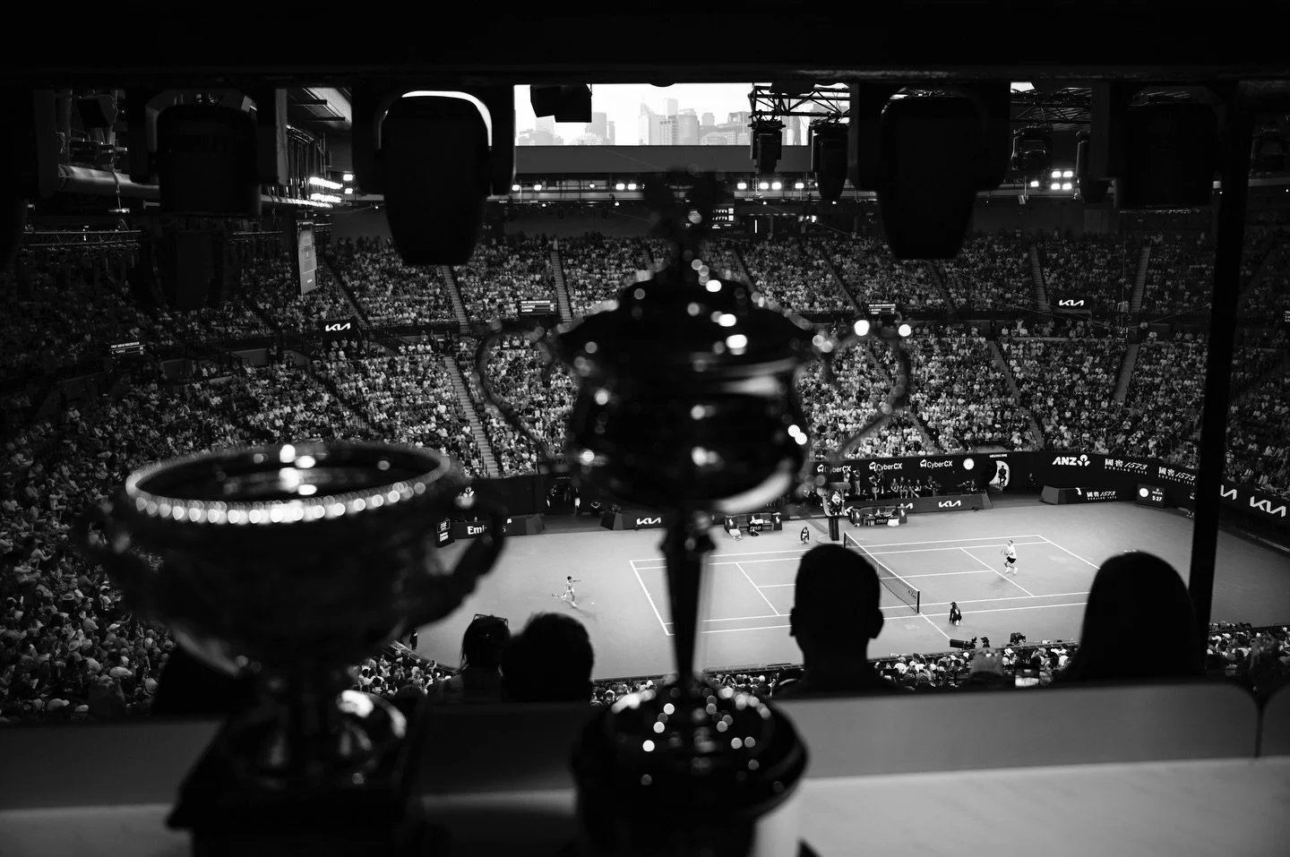 Match point men&rsquo;s semifinal, Alcaraz vs Zverev in Rod Laver Arena. Photo taken from a super box suite with the Norman Brookes Challenge Cup and Daphne Akhurst Memorial Cup - The Grand slam victor trophies!