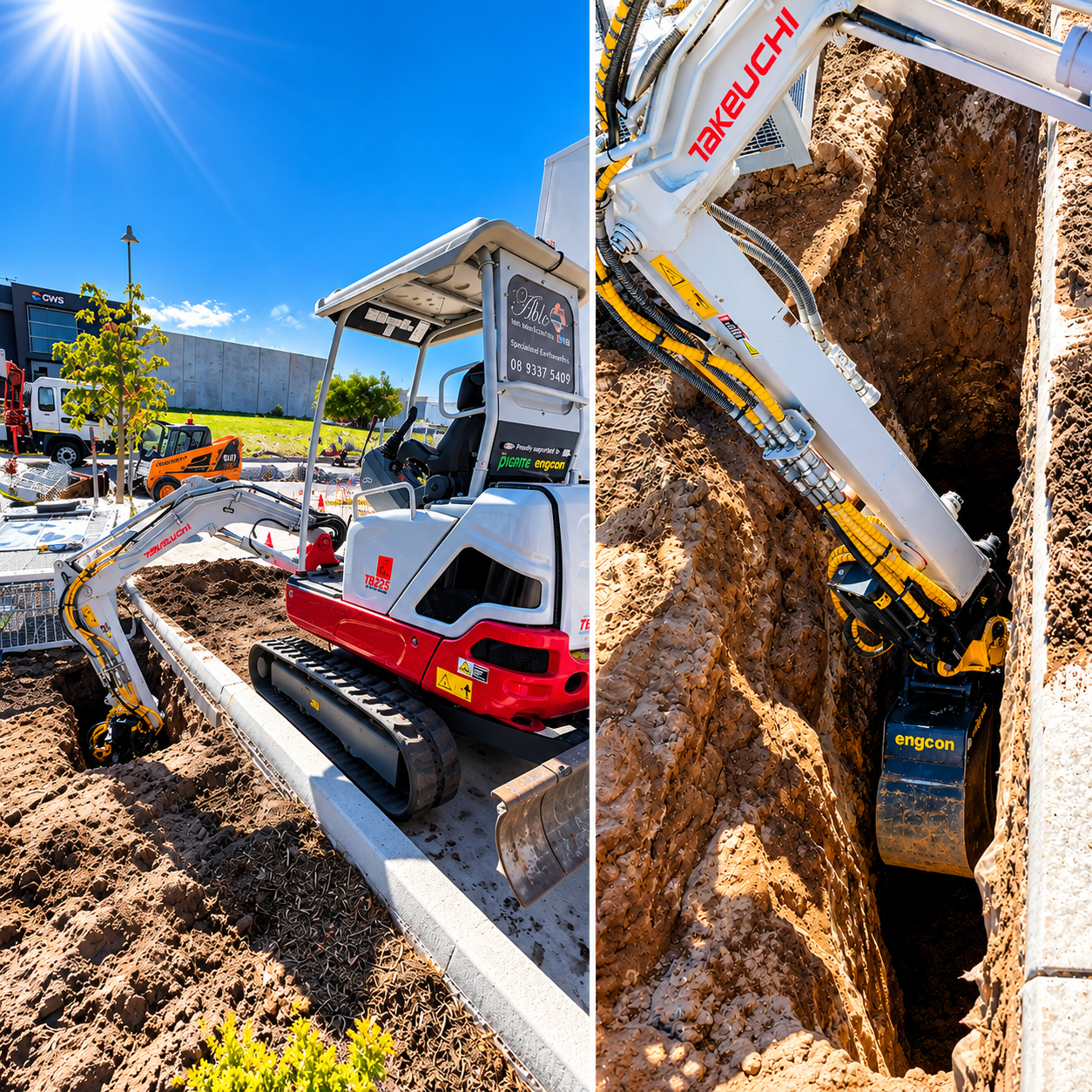 Takeuchi mini excavator digging a trench with an Engcon attachment at a construction site.