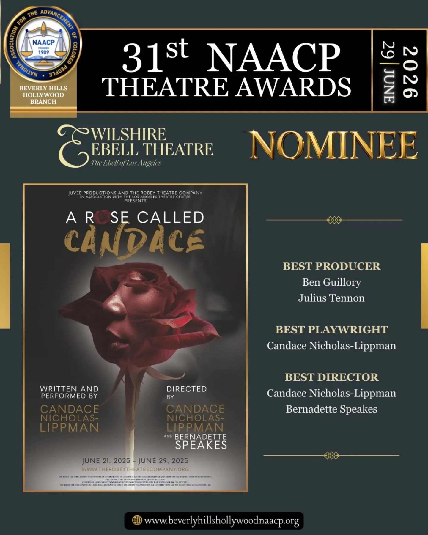 @ARoseCalledCandace being recognized at the 31st NAACP Theatre Awards means a lot. Big love to @Candace.Nicholas.Lippman on her nominations for Best Playwright and Best Director, and to Ben Guillory and our own Julius Tennon for Best Producer. We&rsq