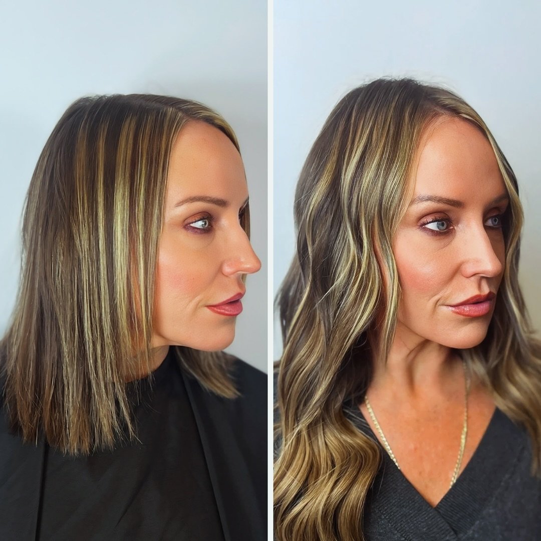 ✨ Before &amp; After: Instant Glow-Up ✨
This transformation features bright, dimensional highlights, seamless extensions for length, and soft waves for a luxurious finish. Whether you&rsquo;re looking to add length, volume, or both, we&rsquo;ve got y