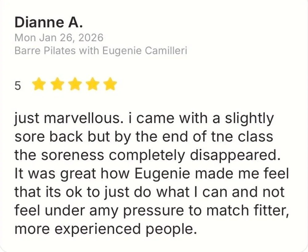 Review for Barre Pilates class with Eugenie Camilleri, dated January 26, 2026, by Dianne A., five stars, describing a positive experience with reduced soreness and feeling comfortable doing what she can.