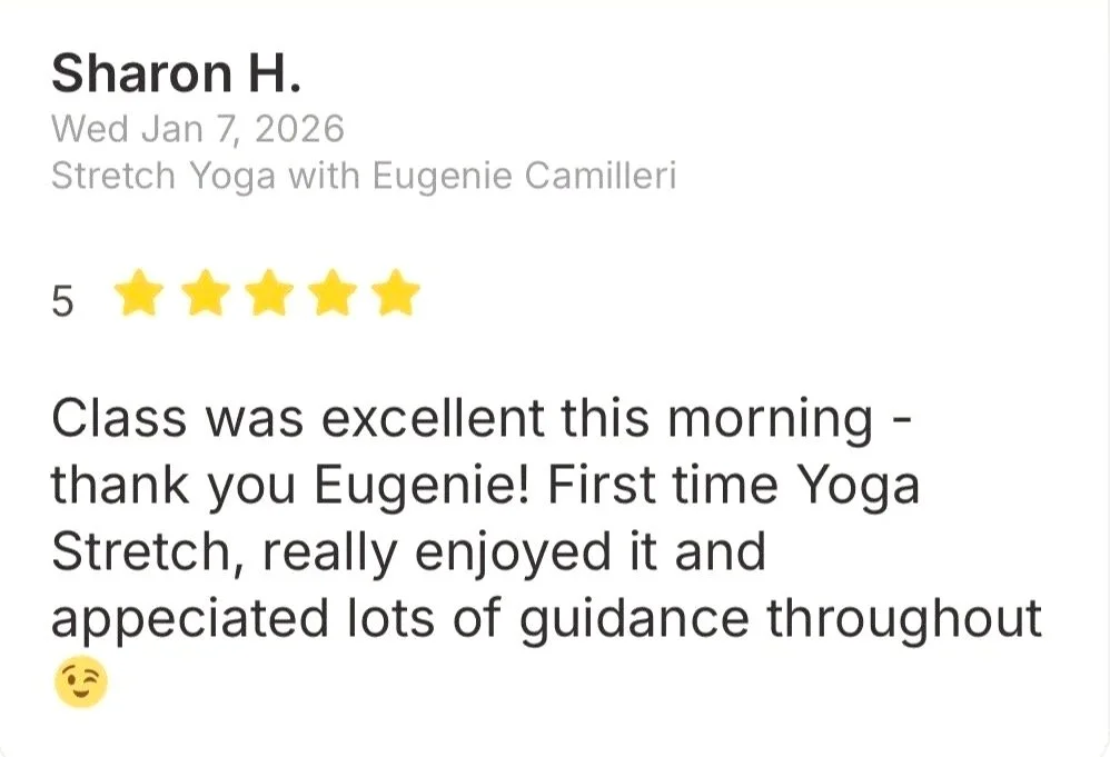 Online review for a stretch yoga class by Eugenie Camilleri, dated January 7, 2026, with five star rating and a smiling emoji.