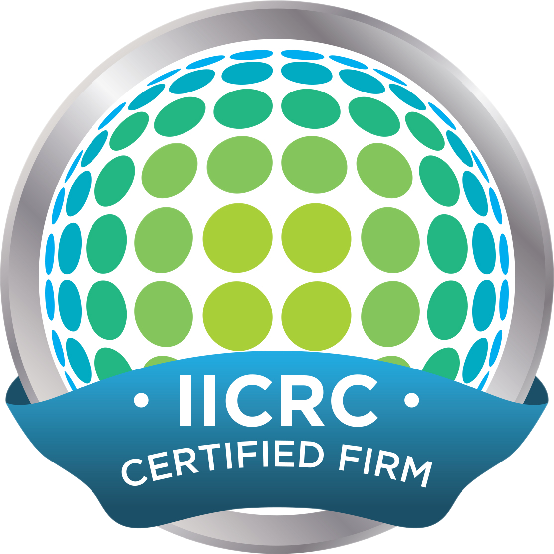 ICRC Certified Firm logo featuring a spherical design with green and blue dots and a blue ribbon with the text 'ICRC Certified Firm' across the bottom.