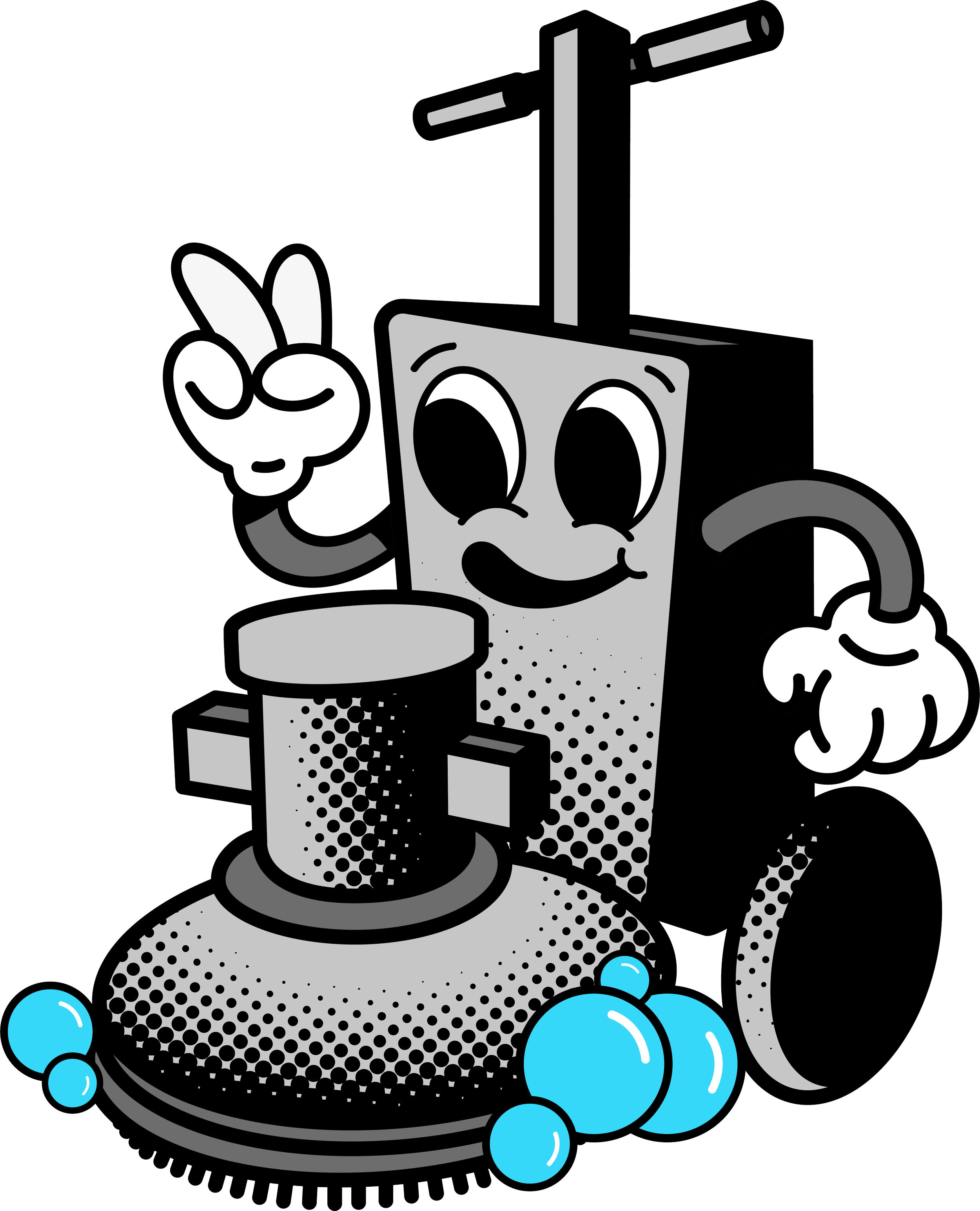 Cartoon soda cup with a straw, smiling face, giving a peace sign, sitting on a round platform with bubbles around it, in black and white with some blue bubbles.