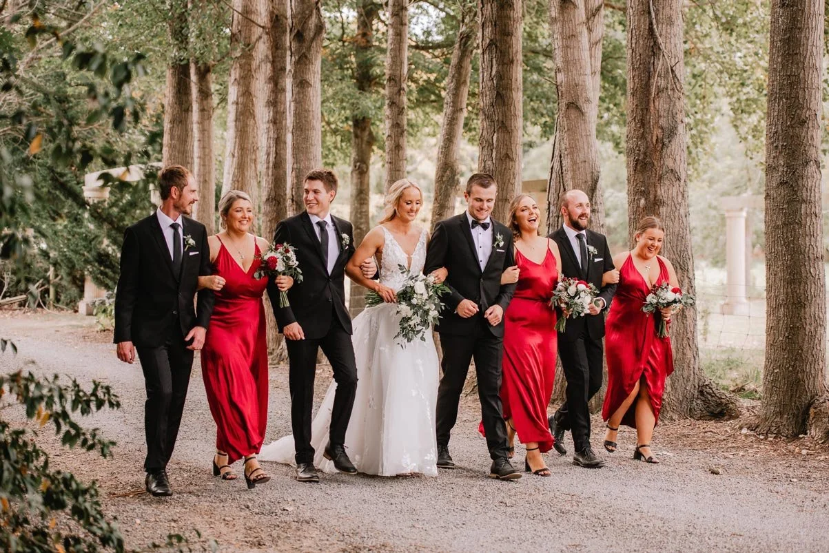 Wedding party walking down tree lined drive from Cushla & Harry's wedding at Pemberton Gardens photographed by Joseph O’Sullivan Photography