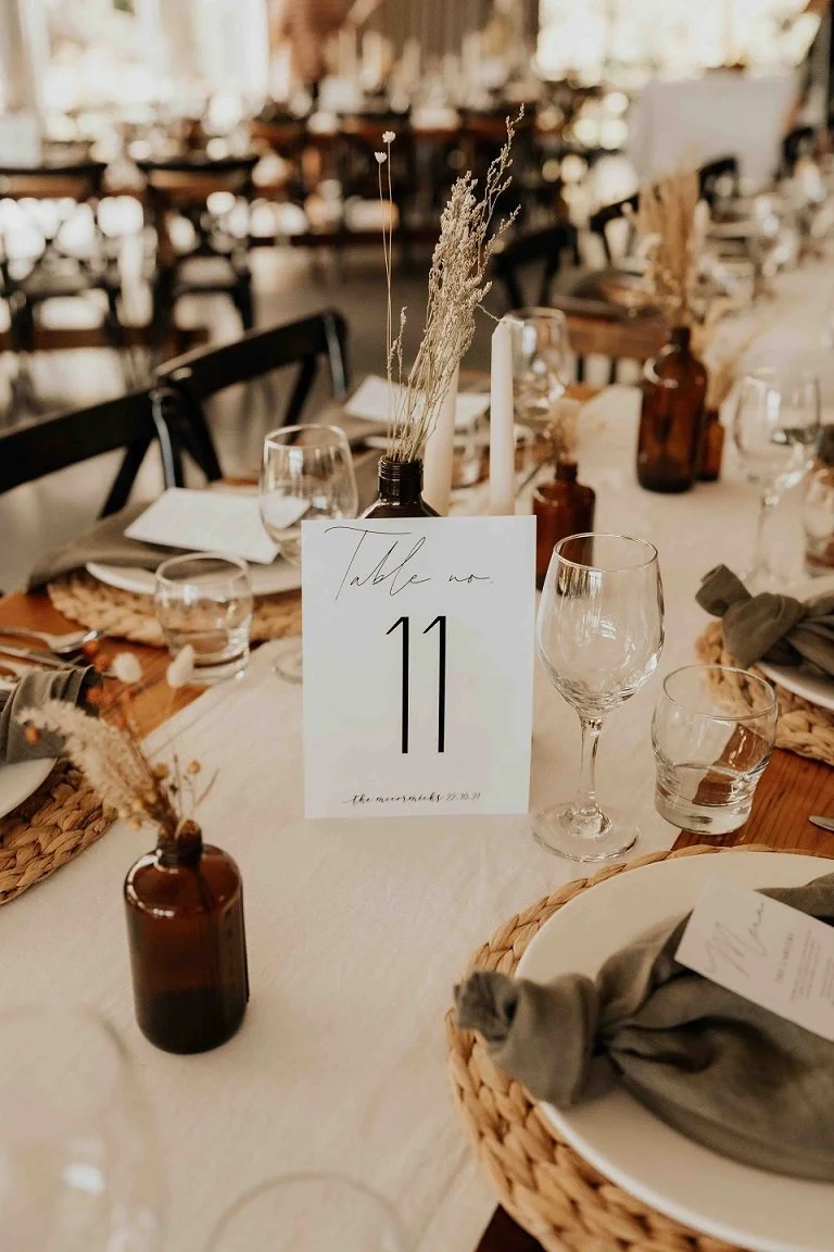 Tablescape at wedding reception with natural tones from Kirsty & Cameron's wedding at Stonebridge photographed by Sarah Clements Photography