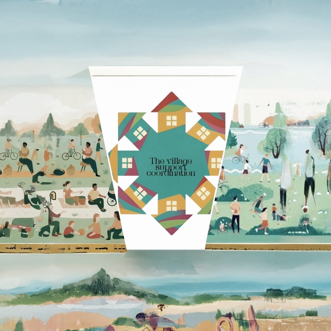 A colorful illustration featuring a circular design with houses and trees, centered around the text "The village support coordination". In the background, there are scenes of people engaging in outdoor activities like cycling, walking, and playing by a lake.