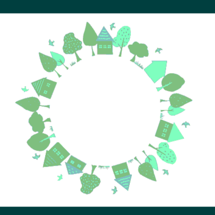 Circular illustration featuring trees, houses, and birds in green and teal colors.