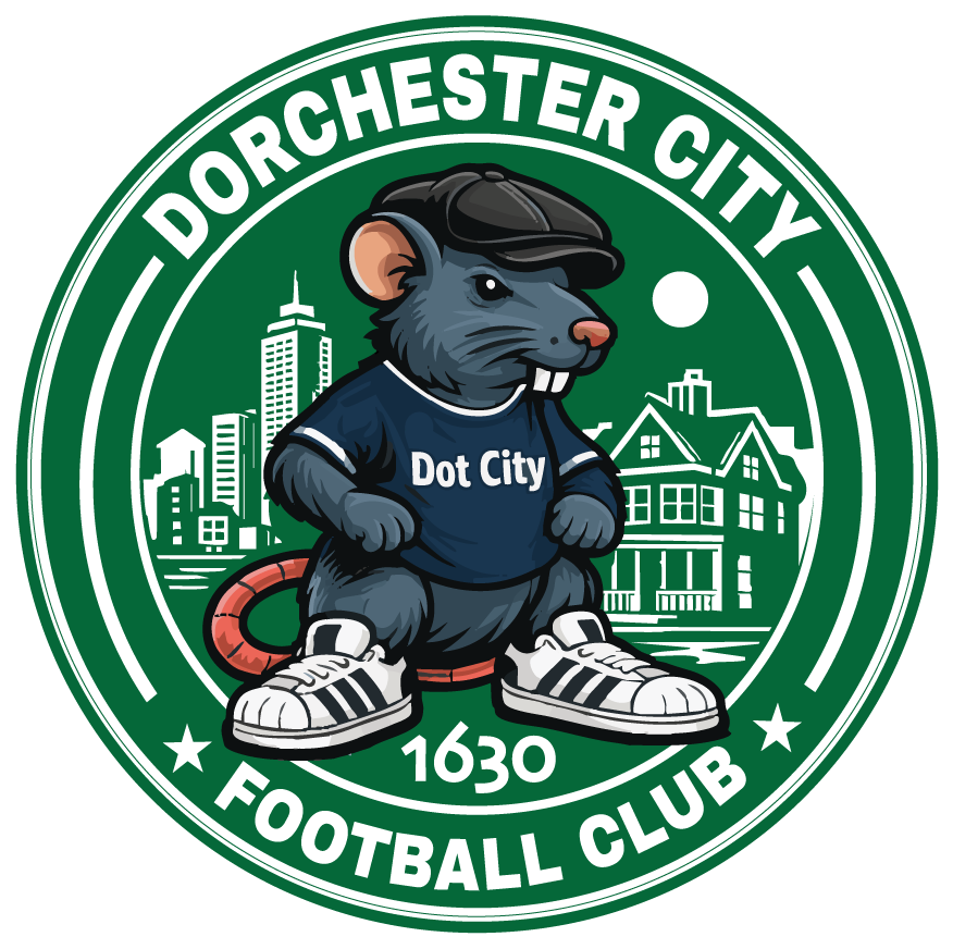 The emblem of Dorchester City Football Club featuring a cartoon rat wearing sneakers, a sports jacket with 'Dot City' on it, a cityscape background, and the year 1630.