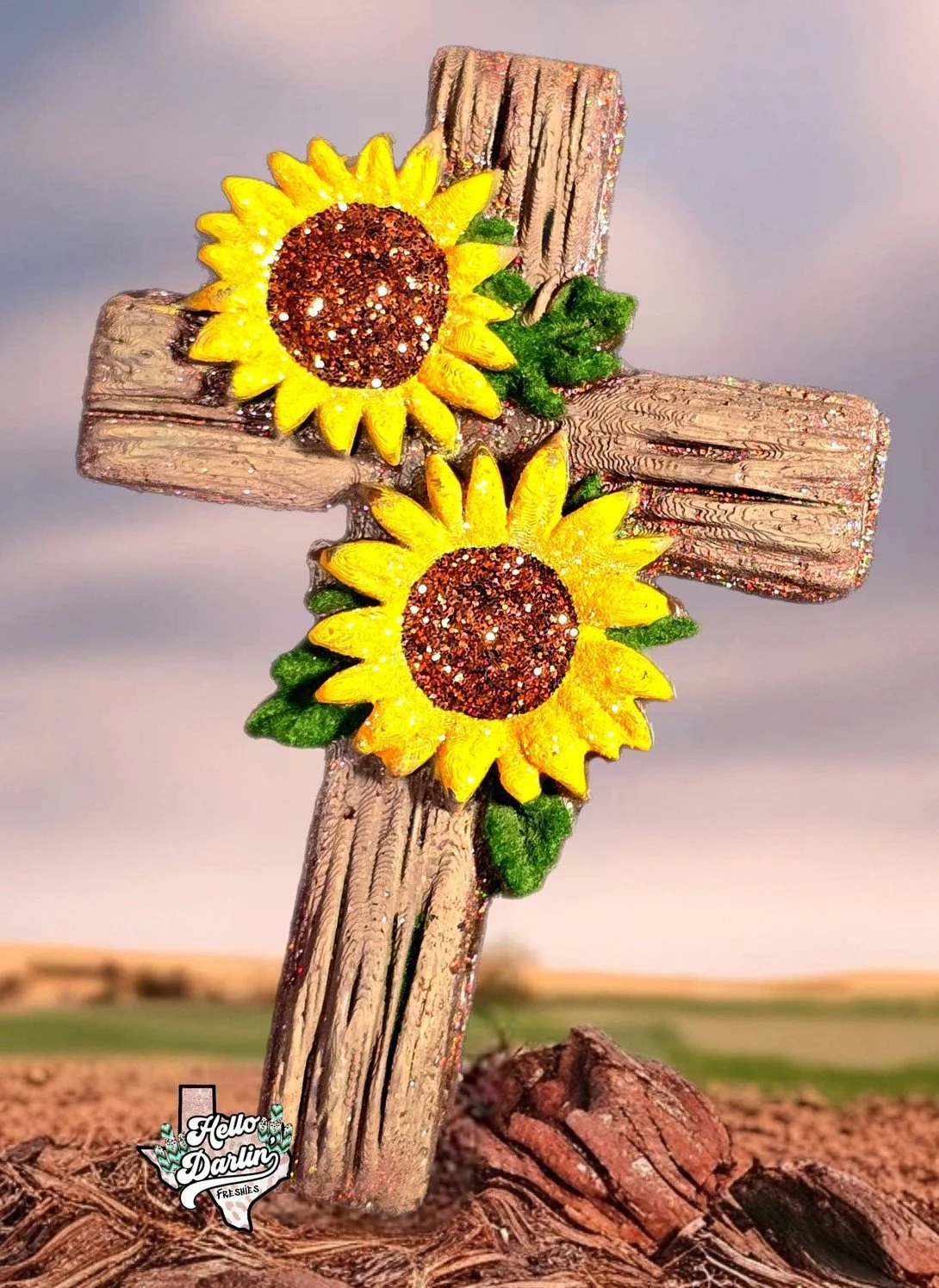 Wood cross with Sunflowers 3D