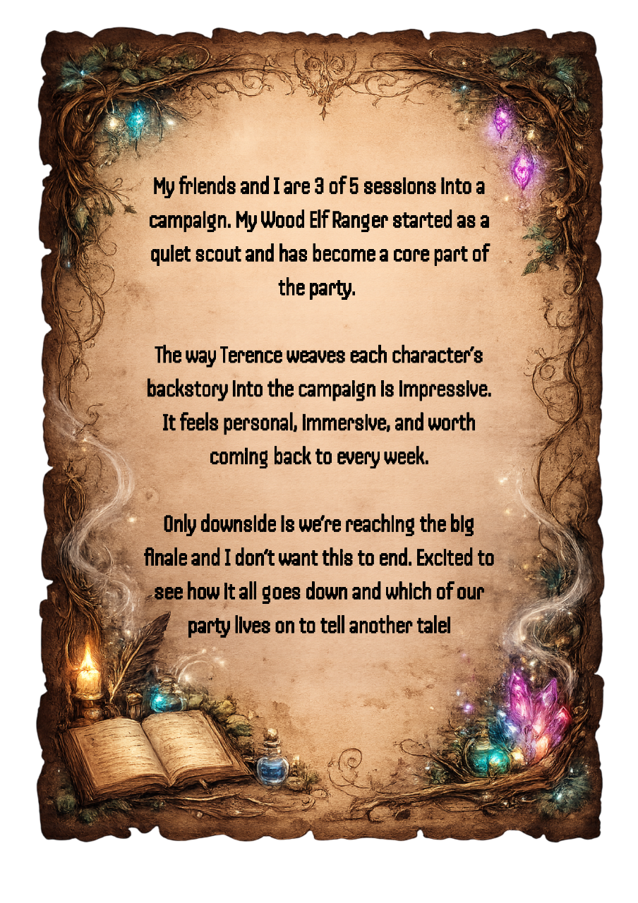 Decorative fantasy-style paper with glowing fairy lights, an open book at the bottom, and mystical glowing gemstones framing the text, conveying a magical woodland theme.