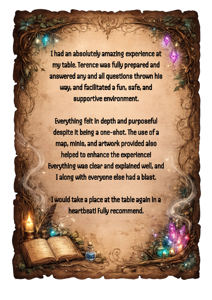 A decorative, fantasy-themed parchment with glowing crystals, an open book, and swirling smoke, featuring a handwritten-style review.