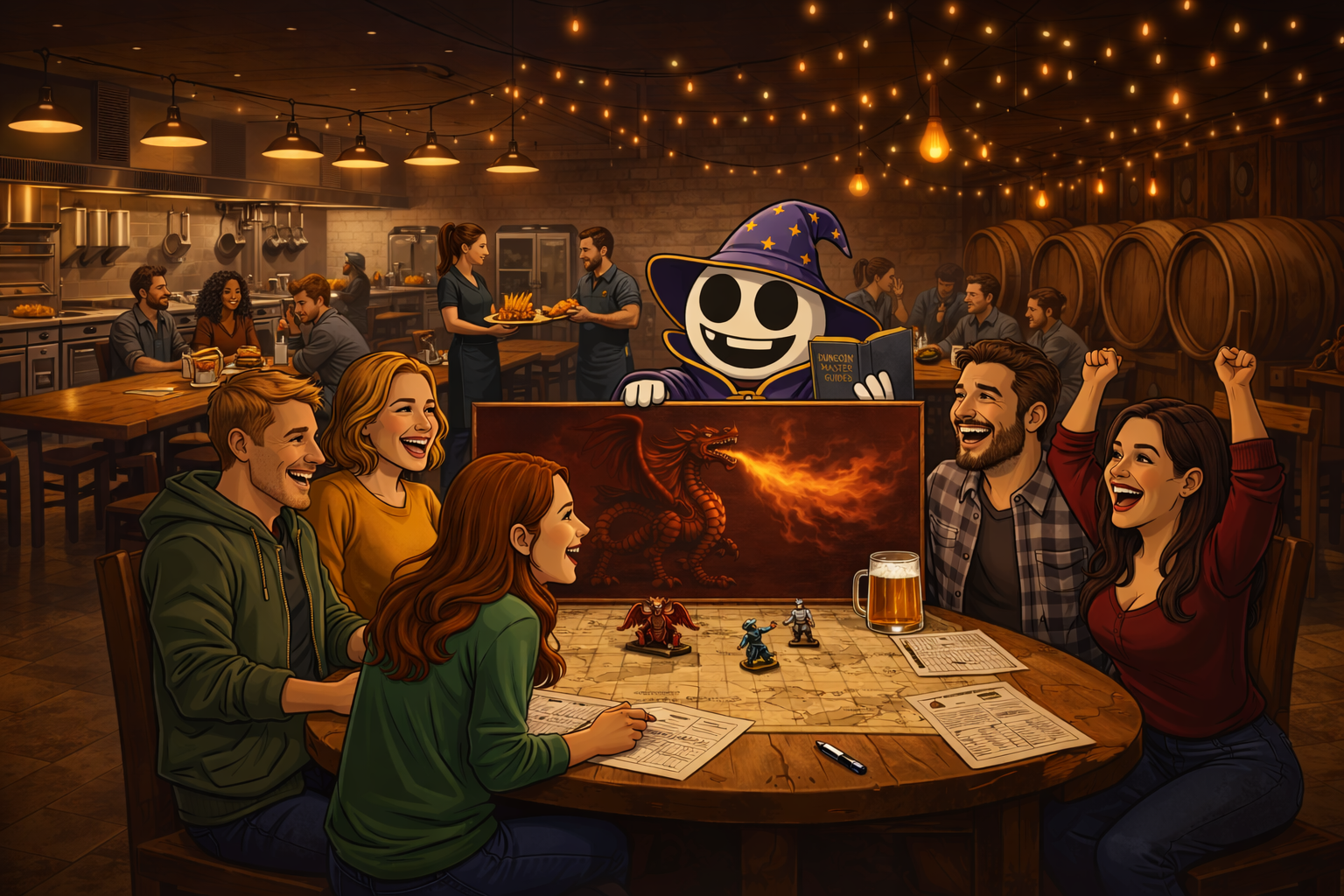 A group of friends playing tabletop role-playing game in a cozy tavern setting, with a cheerful skeleton wizard mascot holding a book in the background, fantasy miniatures on the table, and a dragon-themed painting, while others celebrate and enjoy beer.