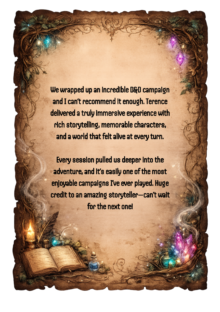 Decorative fantasy-style parchment with glowing crystals, an open book, and magical lighting