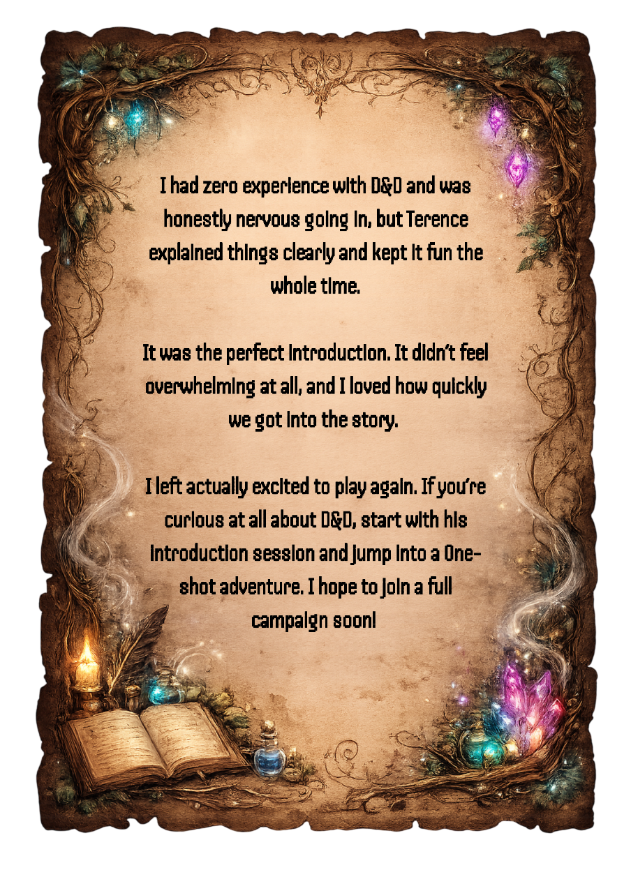 A vintage fantasy-style letter with an ornate brown frame, glowing orbs, a feather quill, an open book, and shimmering crystals, featuring a handwritten note about a Dungeons & Dragons introductory adventure.