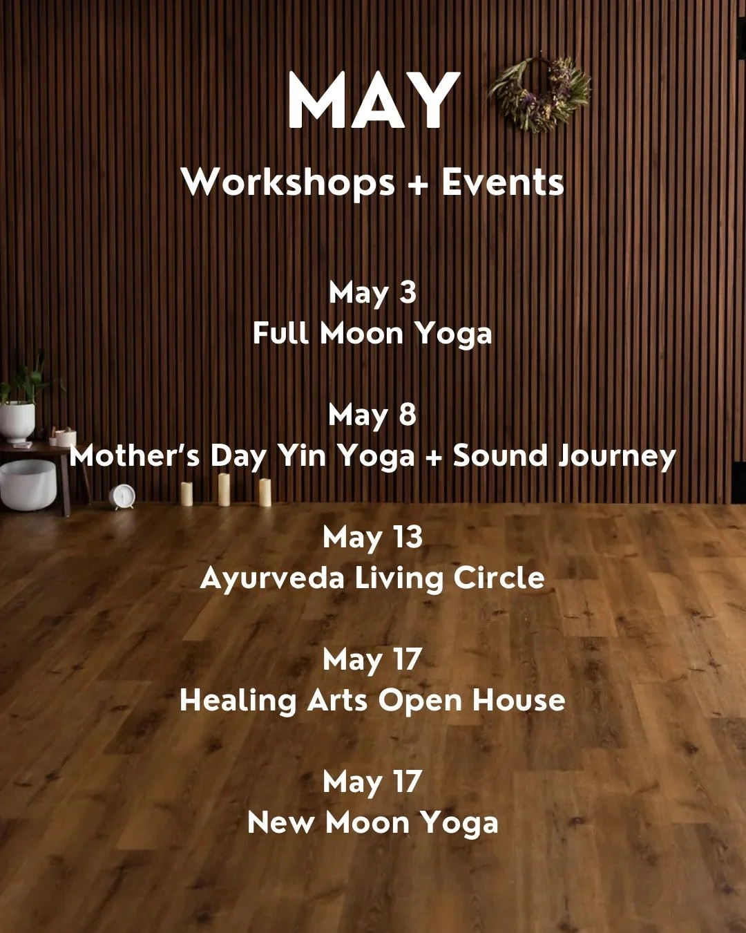 This May is filled with beautiful, heartfelt offerings 💖 Plus an Open House to celebrate Healing Arts services 💫 

🌕 May 3 &mdash; Full Moon Yoga: CONNECT + RESTORE
Slow flow, Restorative Yoga, Breathwork, Moon Meditation

💐 May 8 &mdash; Mother&