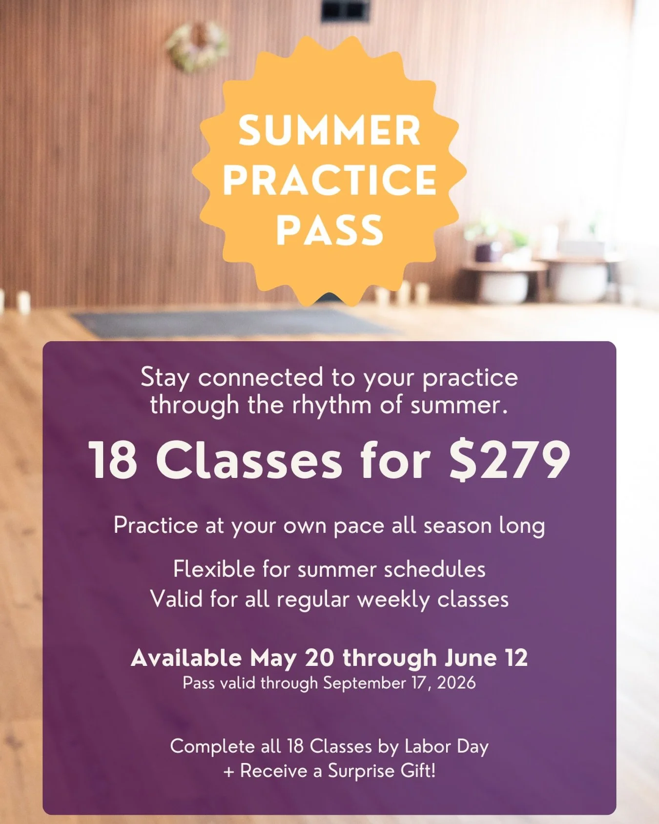 ☀️ SUMMER PRACTICE PASS ☀️

Stay connected to your practice through the rhythm of summer.

Our seasonal Summer Practice Pass is designed for real life &mdash; travel, lake weekends, changing routines, and all.

☀️ 18 Classes for $279
☀️ Flexible for 