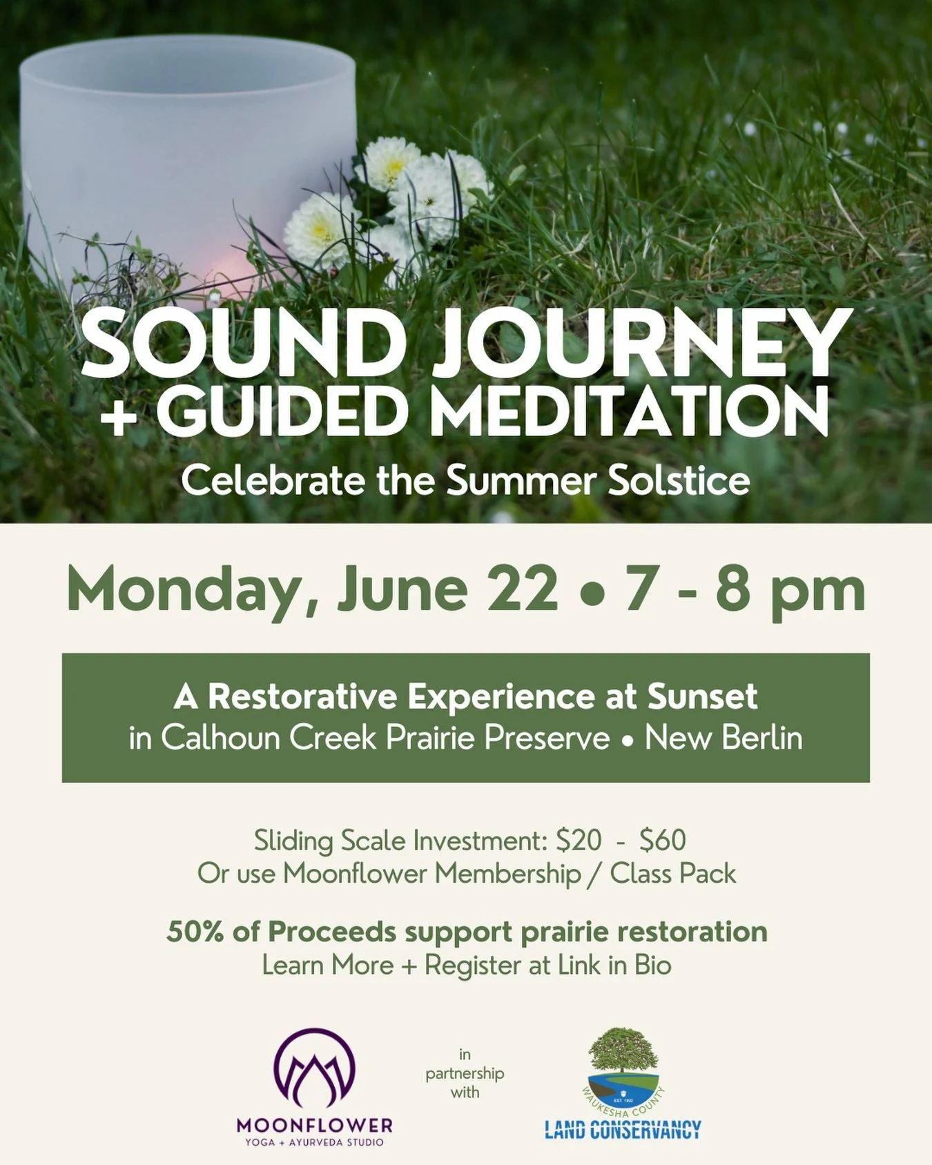 Celebrate the Summer Solstice surrounded by prairie grasses, evening light, and the sounds of nature. 🌿☀️

Join Moonflower and the Waukesha County Land Conservancy for a special outdoor Sound Journey + Guided Meditation at Calhoun Creek Prairie Pres