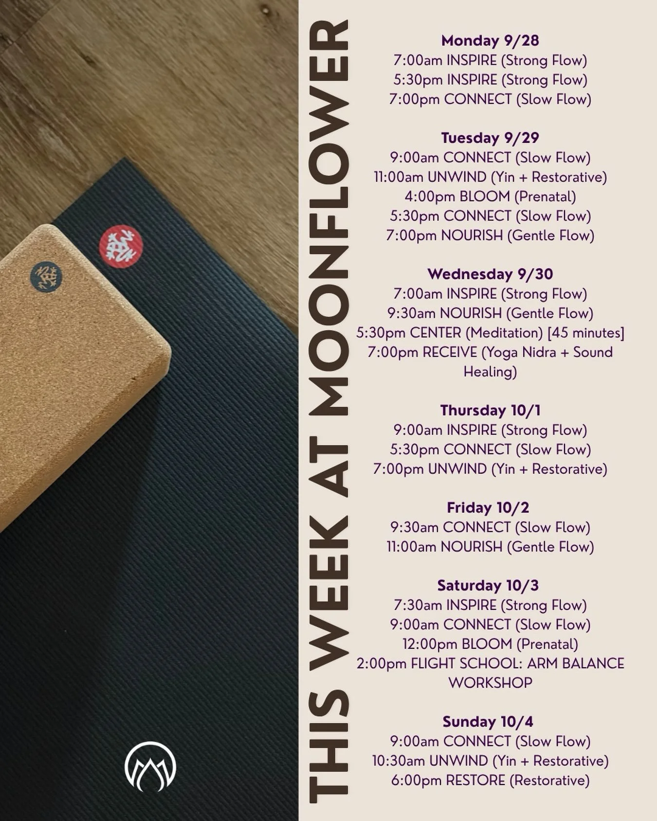 This week at Moonflower ✨🌙 fun things are happening this fall!

Saturday, October 3rd, Jamie will be hosting an Arm Balance workshop from 2:00PM - 5:00PM

This workshop is open to everyone&mdash;no arm balance experience required, arrive ready to ex