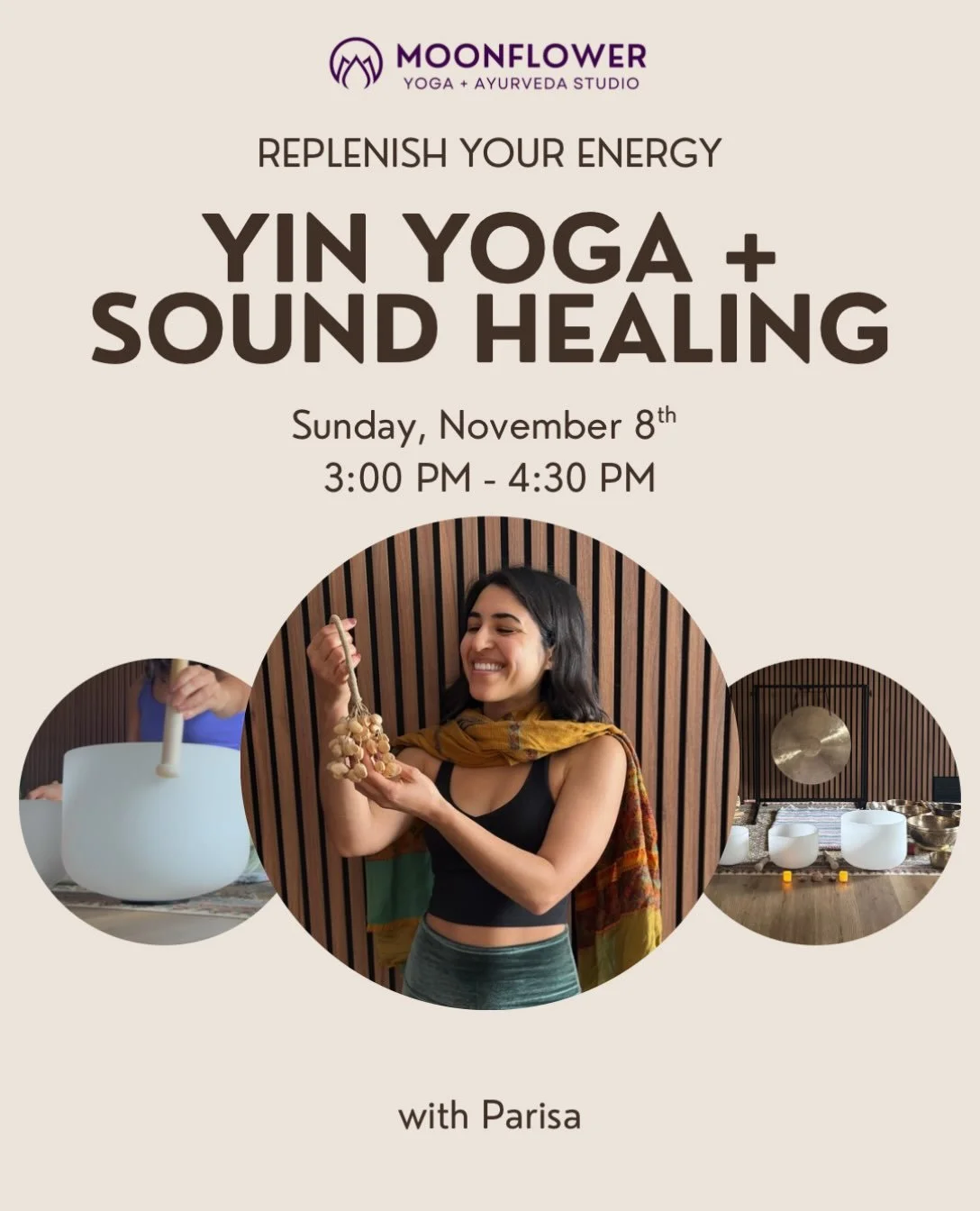 Join us mid-Fall for an immersive experience to replenish your energy levels and renew your mind, body and spirit. 

We will begin with breathwork and a gentle yin yoga (35min) practice. Healing instruments will be played as you hold shapes for 3-5mi