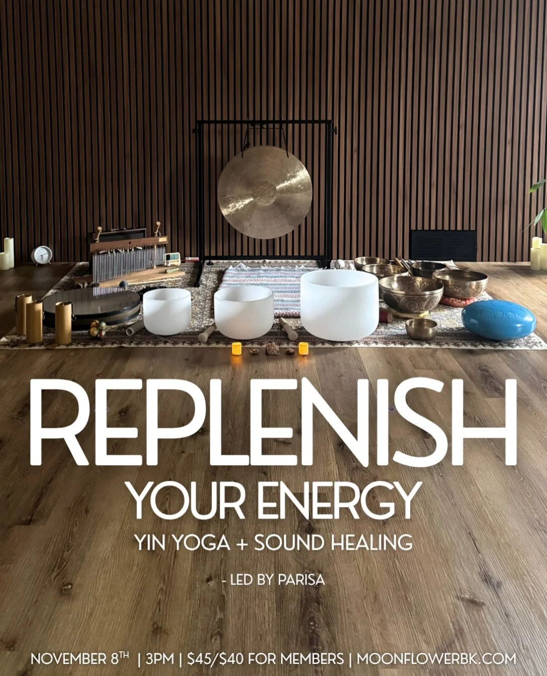 Join us mid-Fall for an immersive experience to replenish your energy levels and renew your mind, body and spirit. 

We will begin with breathwork and a gentle yin yoga (35min) practice. Healing instruments will be played as you hold shapes for 3-5mi