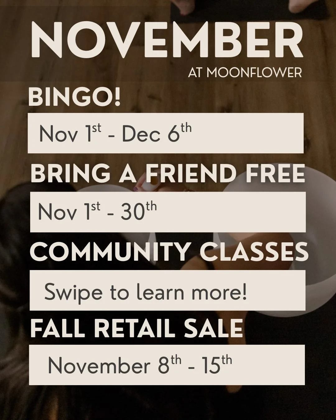 We are so excited for November!

November is our birthday month (🤭✨) so, of course we have to make the most of it! 

We can&rsquo;t wait to celebrate + enjoy November with you all. 💜

&mdash;

📍 Moonflower Yoga + Ayurveda Studio | Brookfield, WI

