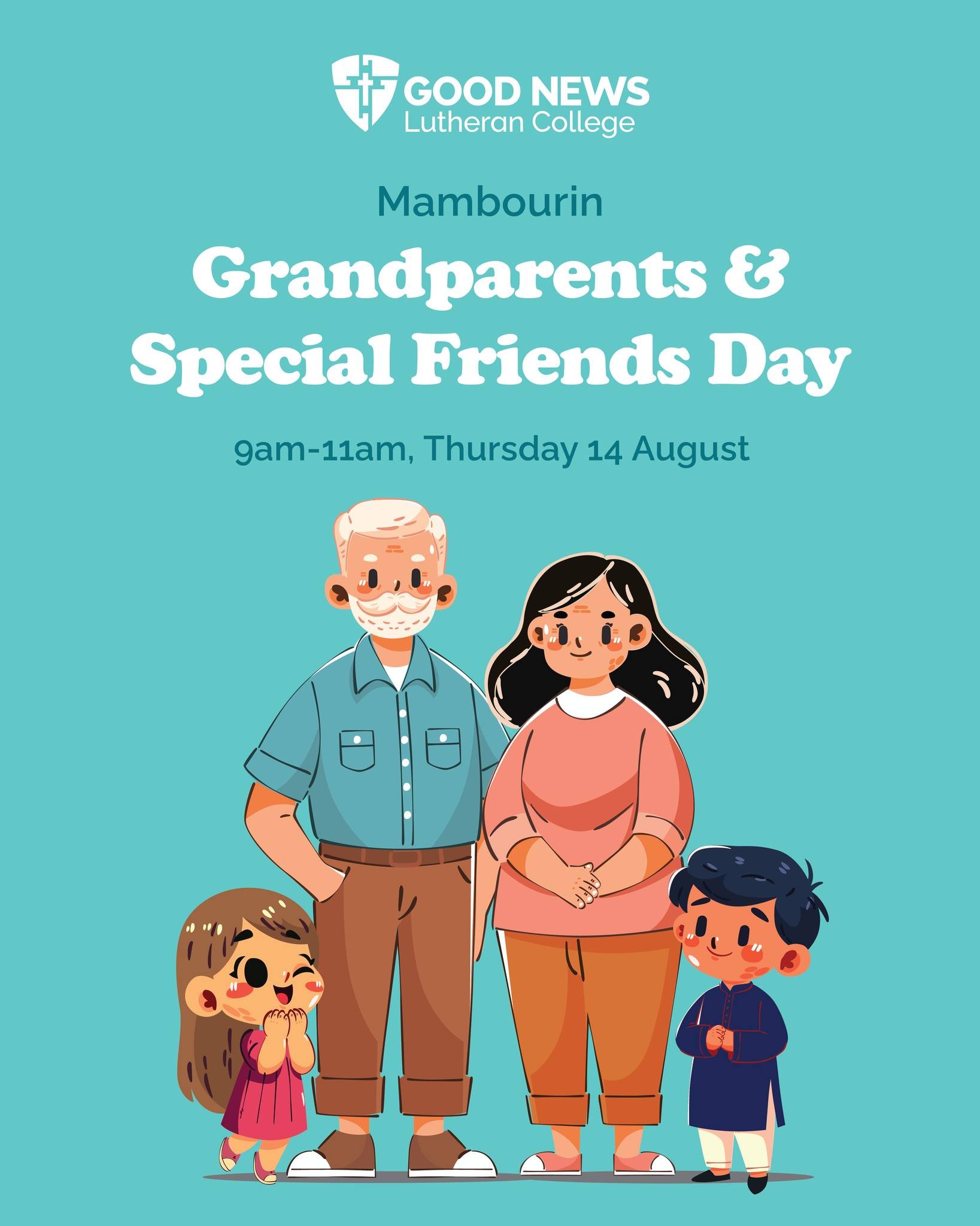 Join us as we celebrate Grandparents &amp; Special Friends Day!
This is a Mambourin campus event for Prep-Year 6 students.
9am-11am Thursday 14 August. RSVP by 7 August.
GNLC Mambourin Campus
For the RSVP link, visit our Facebook or Schoolbox News.