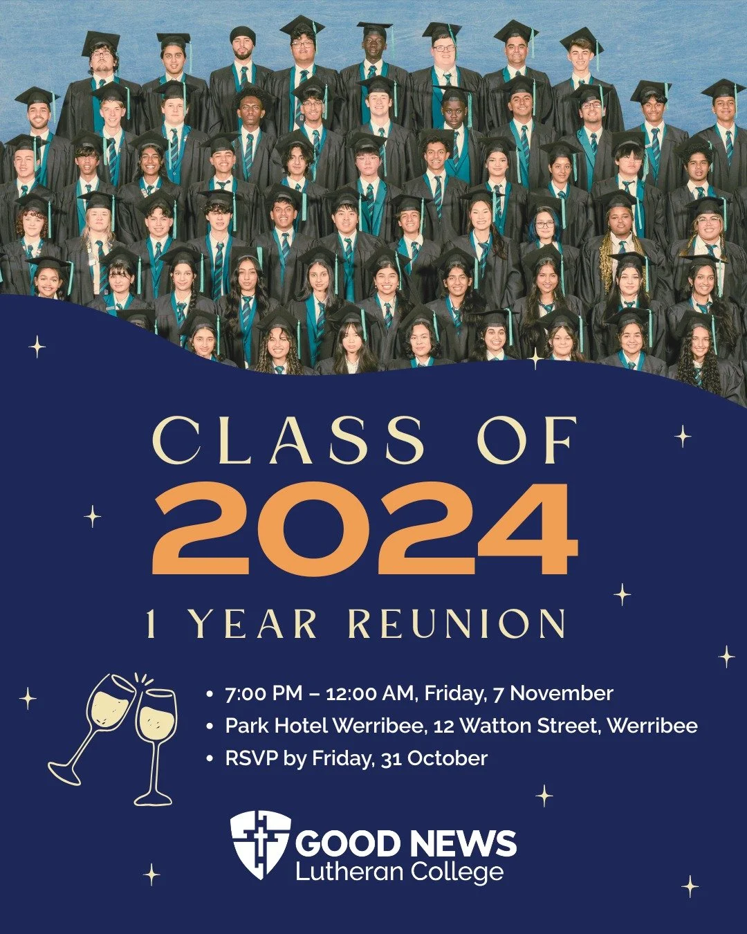 We&rsquo;re excited to invite the GNLC Class of 2024 to their 1 Year Reunion!

Come relive the good times, swap stories, and see where life has taken everyone since graduation.

📅 Date: Friday, 7 November
📍 Venue: Park Hotel Werribee
📬 Address: 12