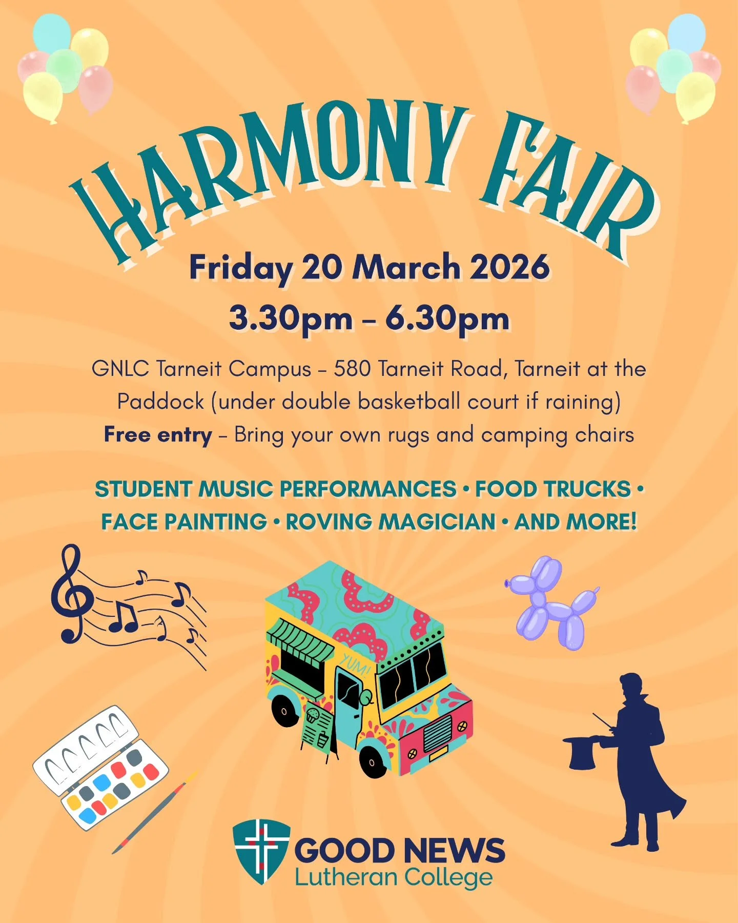 🎉 Harmony Fair &ndash; Friday 20 March | 3.30&ndash;6.30pm 🎉

Join the GNLC community on the Paddock for free fun! Student music, food trucks, face painting, a magician &amp; more. Bring your picnic blanket or chairs and celebrate Harmony Day with 