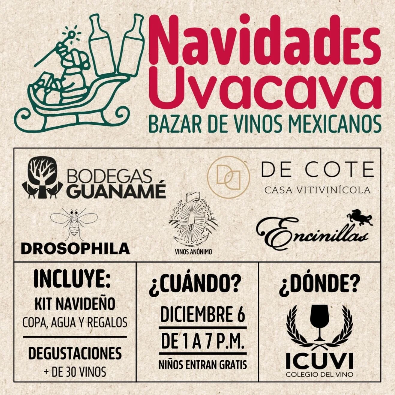 Navidades Uvacava, nuestro festival navide&ntilde;o de vinos mexicanos selectos.
🎄🍷🥂🍾🍕🍽️🧀
🎟️ $750 acceso individual.
🛍️ Incluye Kit Navide&ntilde;o y Degustaciones de m&aacute;s de 30 vinos mexicanos.
📍 Instituto Cultural del Vino @icuvimx.