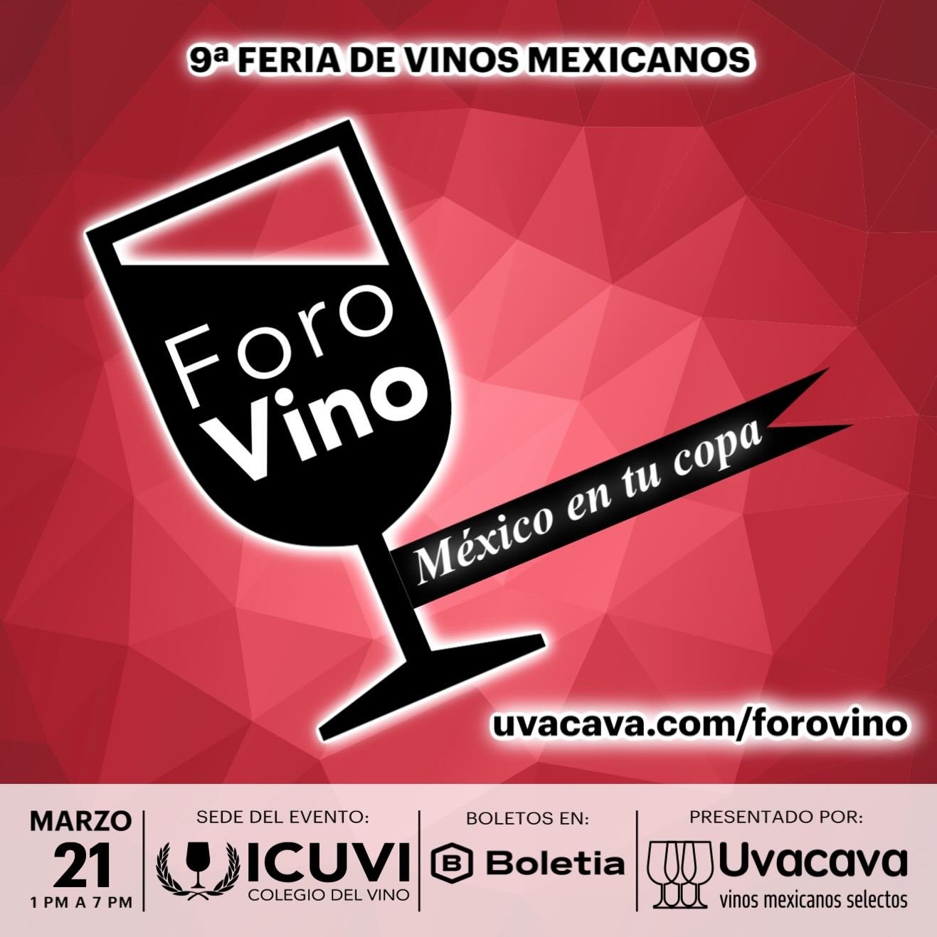 &iexcl;Nos vemos en Foro Vino! Nuestra 9&ordf; feria de vinos mexicanos, desde Metepec:
🎟️ uvacava.com/forovino
🛍️ Incluye Kit de Bienvenida y Degustaciones de vinos.
📍 Instituto Cultural del Vino.
📅 S&aacute;bado 21 de marzo.
⏰ De 1 a 7 p.m.
‼️ 