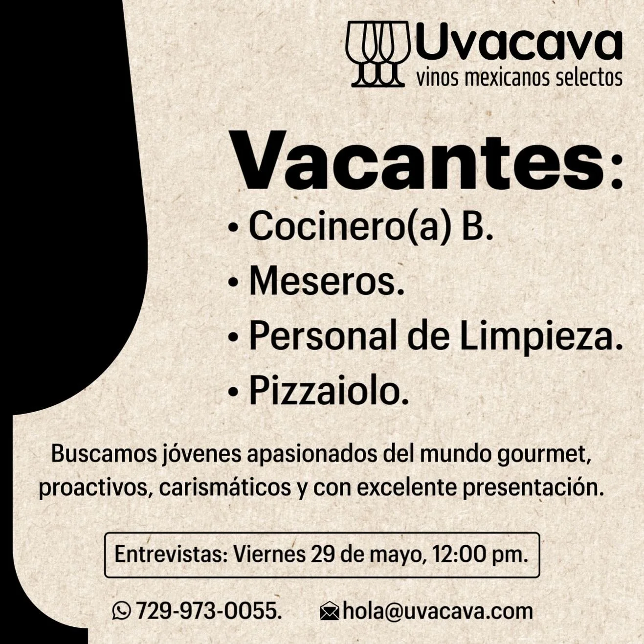 &iexcl;&Uacute;nete a nuestro equipo!

🔎 Buscamos j&oacute;venes apasionados del mundo gourmet, proactivos, carism&aacute;ticos y con excelente presentaci&oacute;n.

&iquest;Qu&eacute; nos distingue?
✅ Somos una enoteca (tienda y bar de vinos) espec
