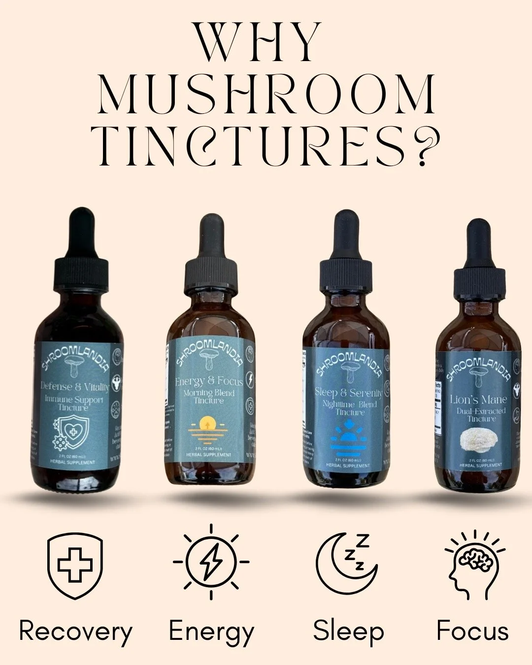 ✨ Wondering what all the mushroom buzz is about?

Each of our Shroomlandia tinctures is crafted with 100% fruiting body mushrooms and a dual-extraction process to unlock their full potential. Whether you&rsquo;re craving clarity, calm, or resilience&