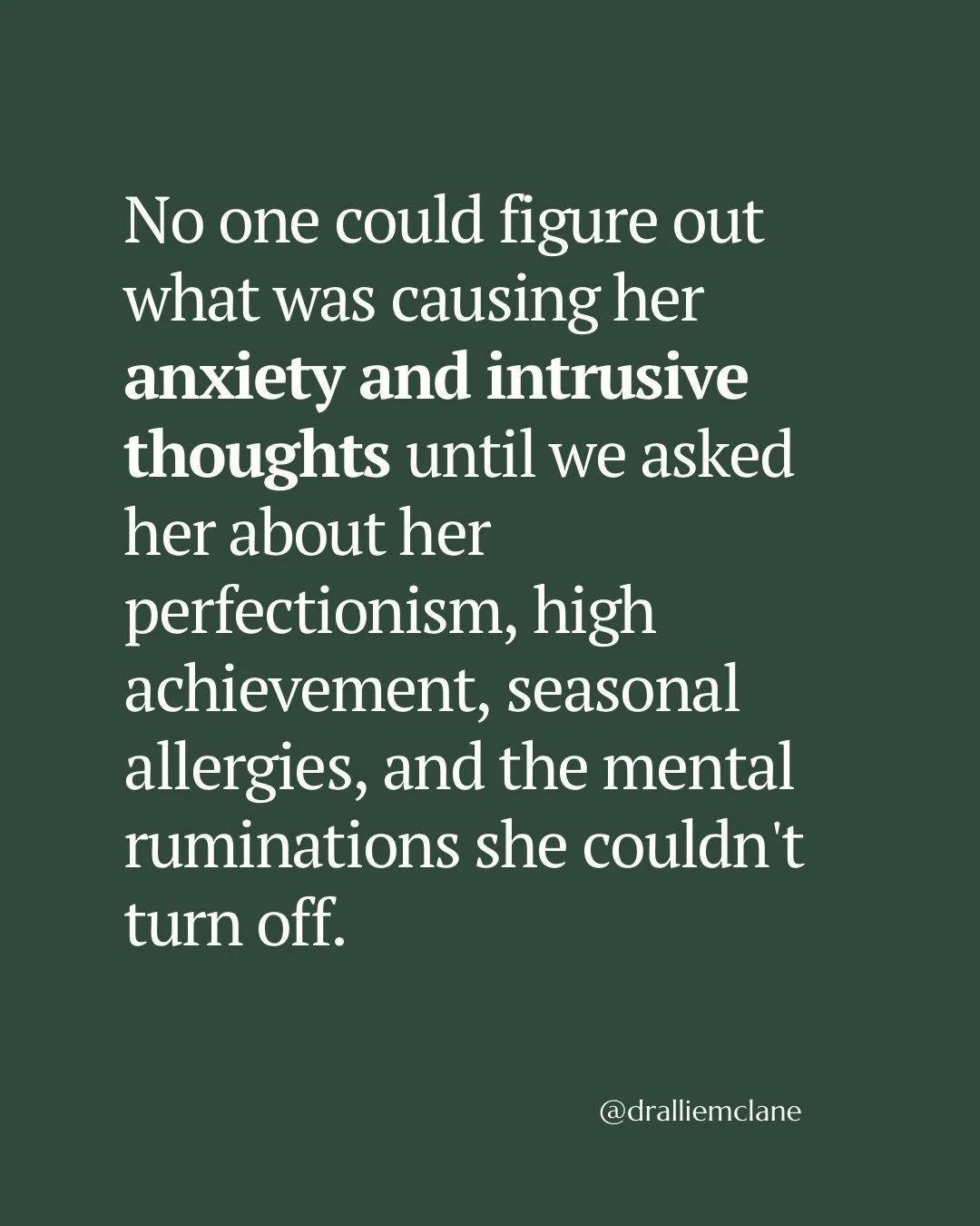 Anxiety that shows up with perfectionism, high achievement, seasonal allergies, and a mind that won&rsquo;t stop running is the clinical picture of undermethylation. 

Bioindividuality is key to addressing anxiety.

Comment SYSTEM to learn about the 