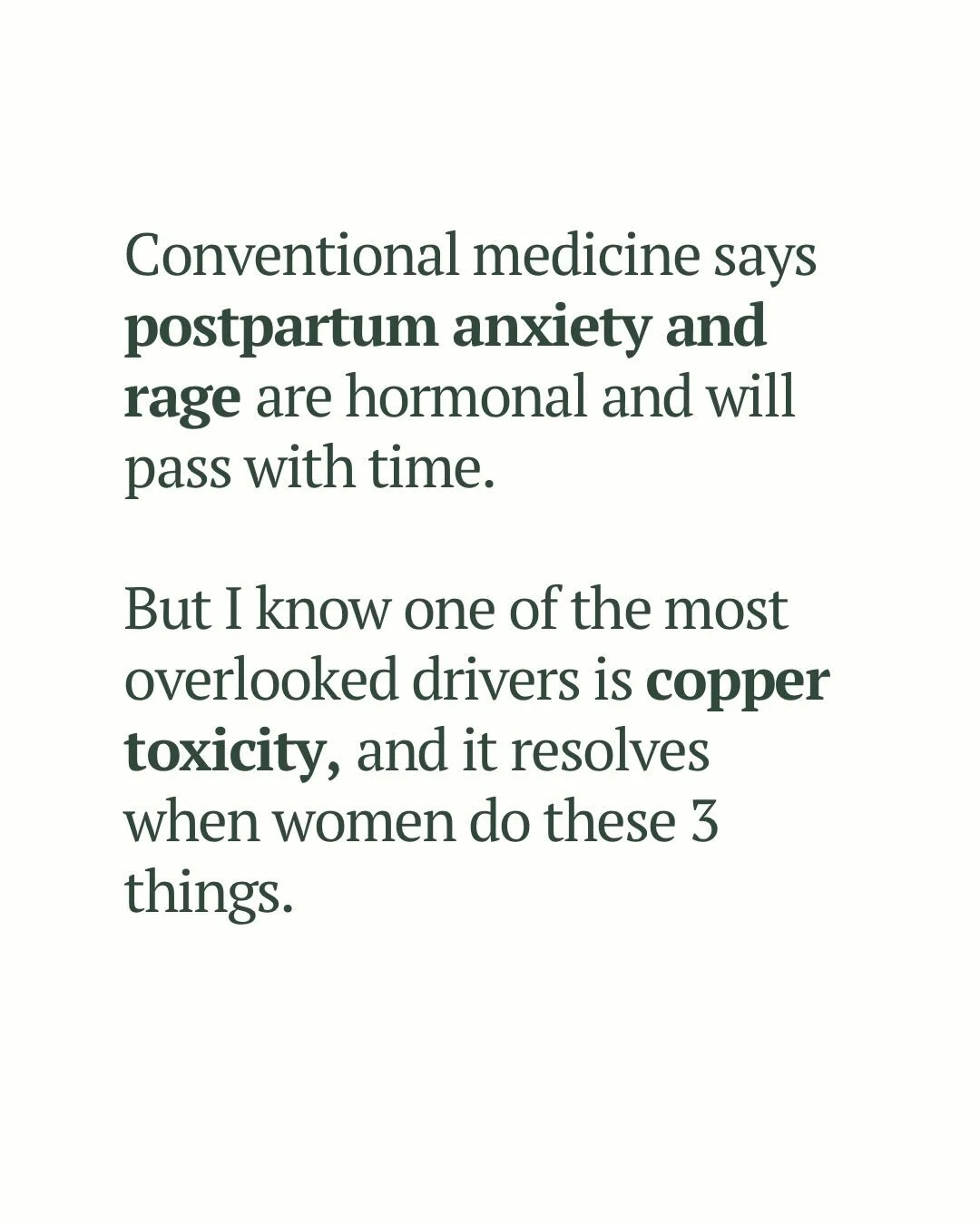 Copper toxicity is one of the most overlooked drivers of symptoms I see in postpartum women. Pregnancy and postpartum unmask it because estrogen drives copper retention, and when copper runs high relative to zinc, the body converts dopamine to adrena