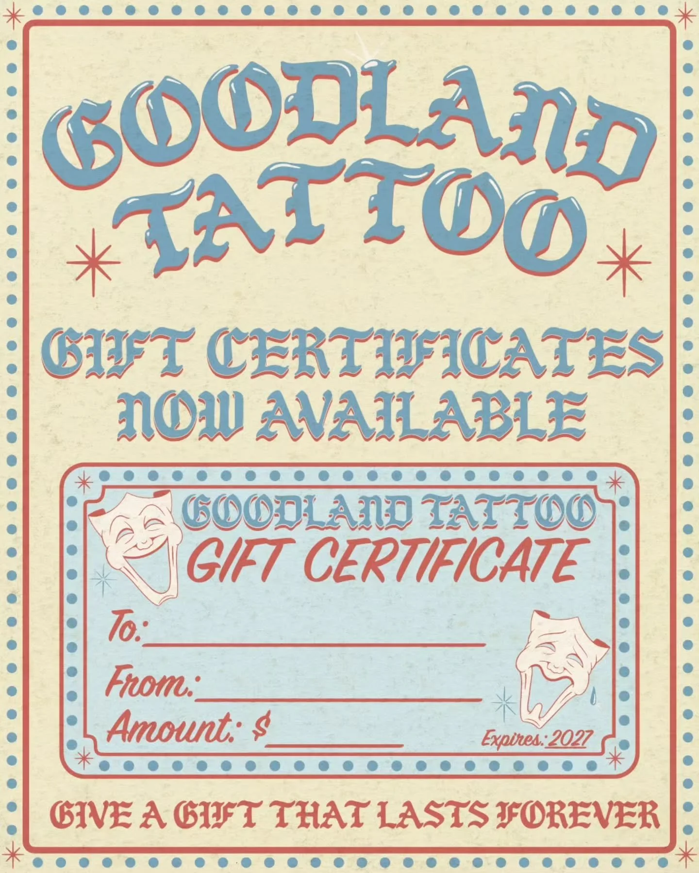GIFT CERTIFICATES ARE NOW AVAILABLE! 🎁

VISIT THE SHOP OR DM US TO PURCHASE ONE TODAY! ✨️

THESE ARE AVAILABLE IN ANY AMOUNT.

GIVE A GIFT THAT LASTS FORVER.🎄

FLYER BY @mayorofsb