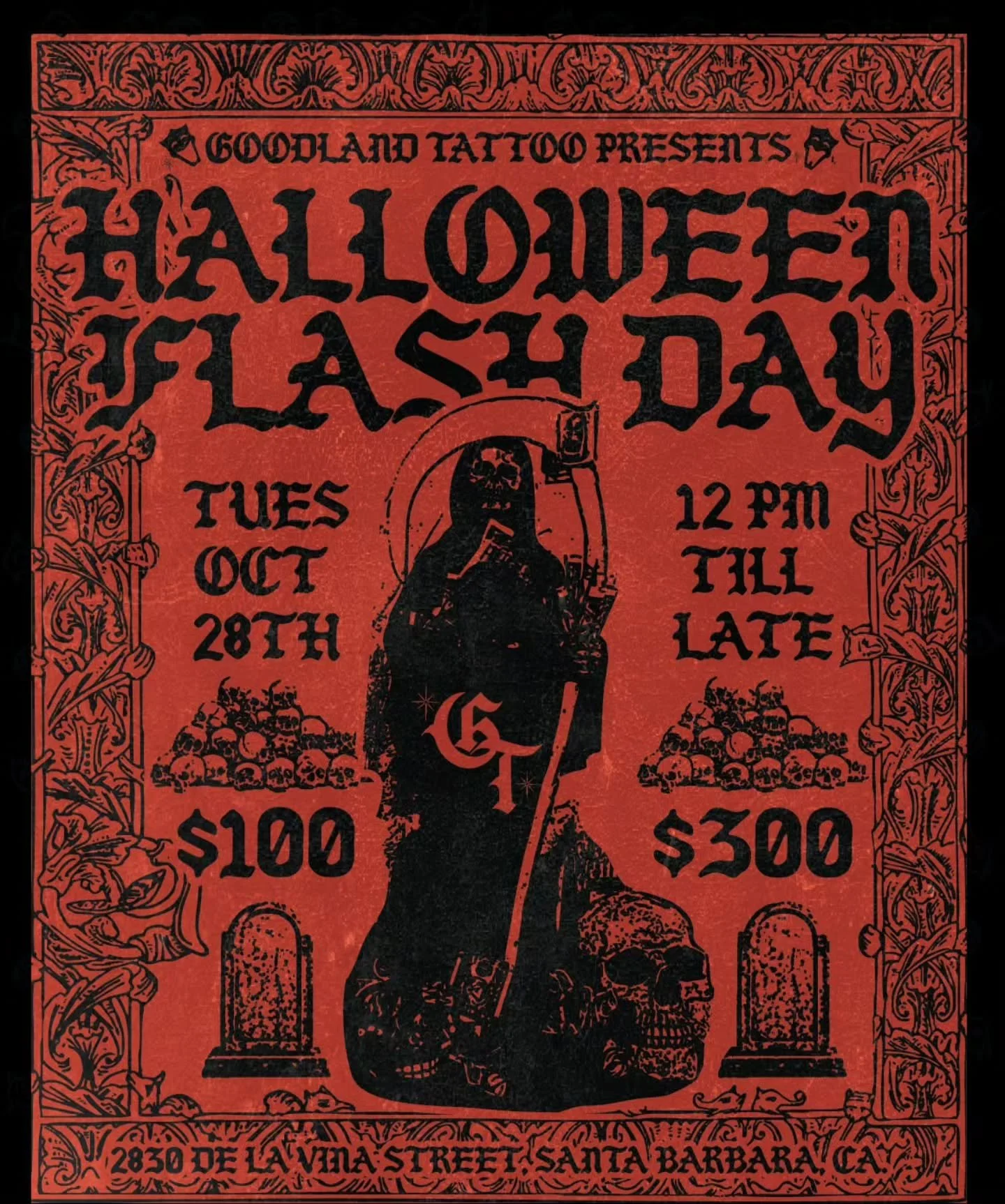 IT'S THAT TIME OF YEAR!

HALLOWEEN FLASH DAY 🎃✨️

⛓️OCTOBER 28TH⛓️
⚰️12 PM TILL LATE⚰️
💀$100-$300 FLASH💀
👻ARMS AND LEGS ONLY👻

FIRST COME, FIRST SERVED! 🦇

COME IN COSTUME AND GET A DISCOUNT🧟&zwj;♂️

WE'LL SEE YOU HERE!

FLYER BY @mayorofsb