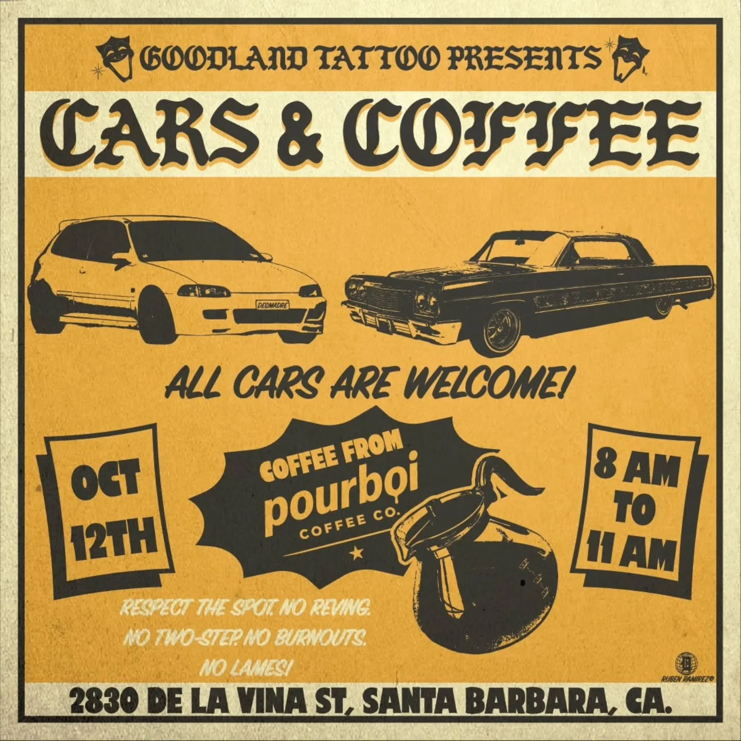 WE ARE EXCITED TO ANNOUNCE OUR NEXT CARS AND COFFEE! 🚘☕️💨

OCTOBER 12TH
8 AM - 11 AM

@pourboi.sb WILL BE POPPING UP WITH A NEW MENU OF FALL DRINKS 🎃

CRUISE OVER AND HELP US TAKE OVER THE LOT!

YOU NEVER KNOW WHAT YOU'RE GOING TO SEE 👀

ALL CARS