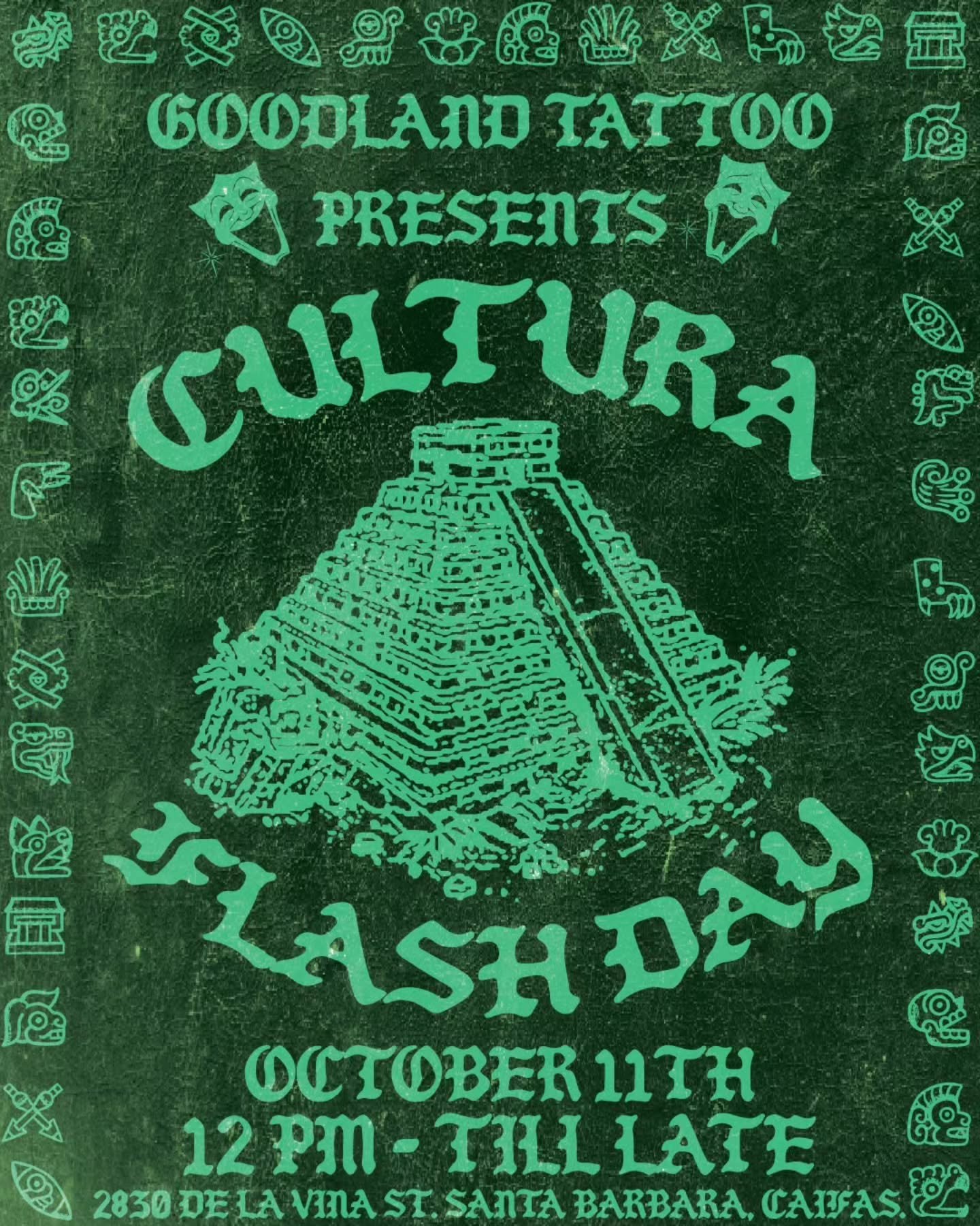 GOODLAND TATTOO PRESENTS 

CULTURA FLASH DAY ✨️

OUR FIRST ONE OF THE YEAR WITH MANY MORE TO COME! ✊🏾

OCTOBER 11TH - 12 PM TILL LATE.
ARMS AND LEGS ONLY!

WITH THE RECENT ACTIVITY THAT HAS BEEN HAPPENING IN OUR CITY WE ARE DOING WHAT WE CAN TO SUPP