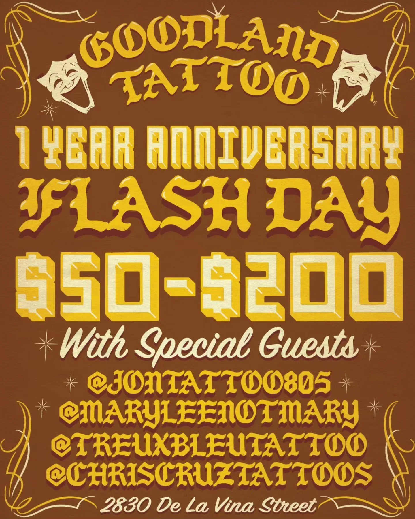 GOODLAND TATTOO IS PROUD TO PRESENT...

OUR ONE YEAR ANNIVERSARY FLASH DAY!
✨️🌹🎲🎭✨️

SATURDAY, AUGUST 30TH STARTING AT 12:00 PM TILL LATE!

FLASH DEALS FROM $50-$200 ALL DAY!

ARMS AND LEGS ONLY. 
FIRST COME, FIRST SERVED!

WE GOT SOME SPECIAL GUE