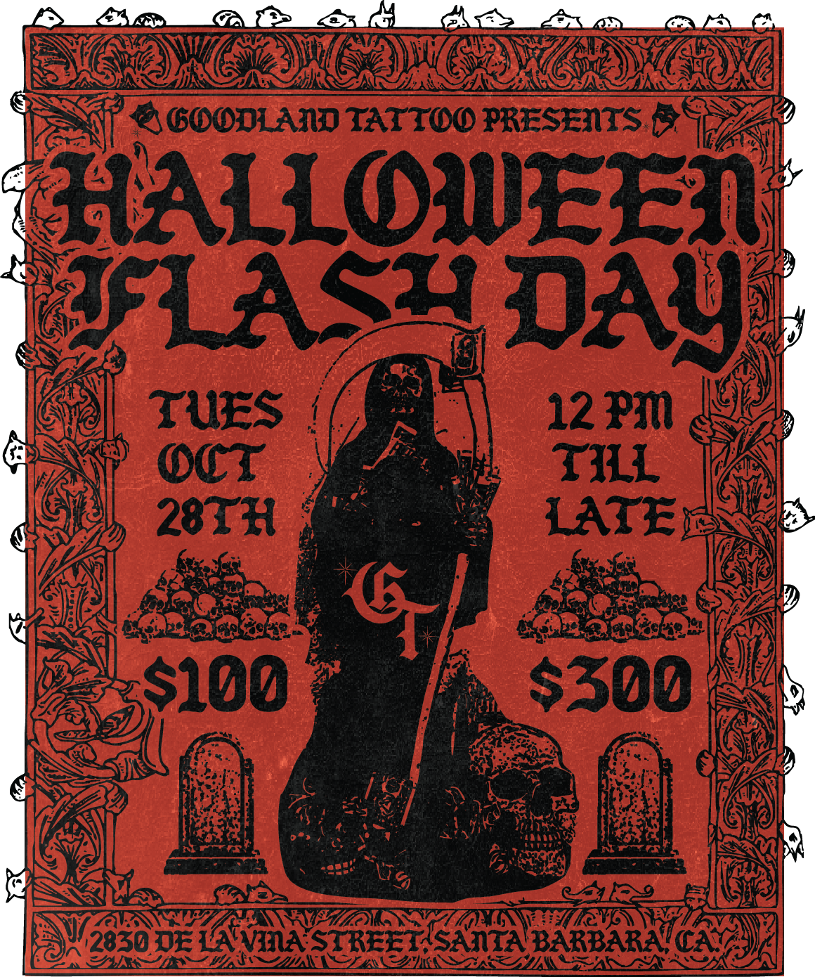 Halloween themed poster advertising a fall party at Goodland Tattoo on October 28th, from 12 PM until late, priced at $100 and $300, with a spooky graphic of a cloaked figure holding a staff, skulls, and tombstones, featuring decorative borders with 